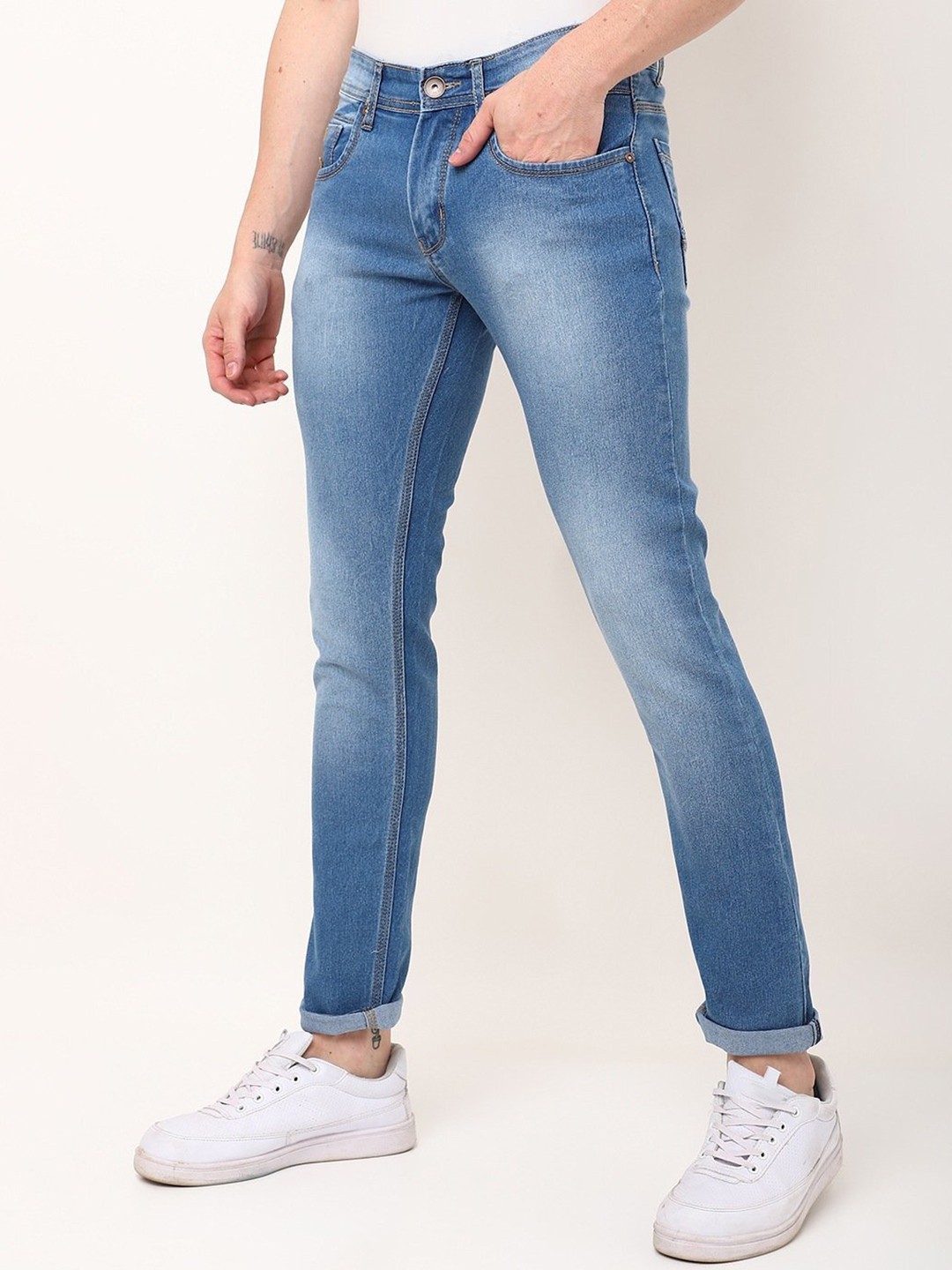 

High Star Men Slim Fit Mid-Rise Clean Look Heavy Fade Stretchable Jeans, Blue