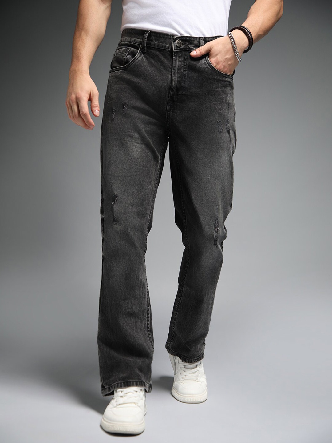 

High Star Men Mid-Rise Mildly Distressed Relaxed Fit Stretchable Jeans, Black