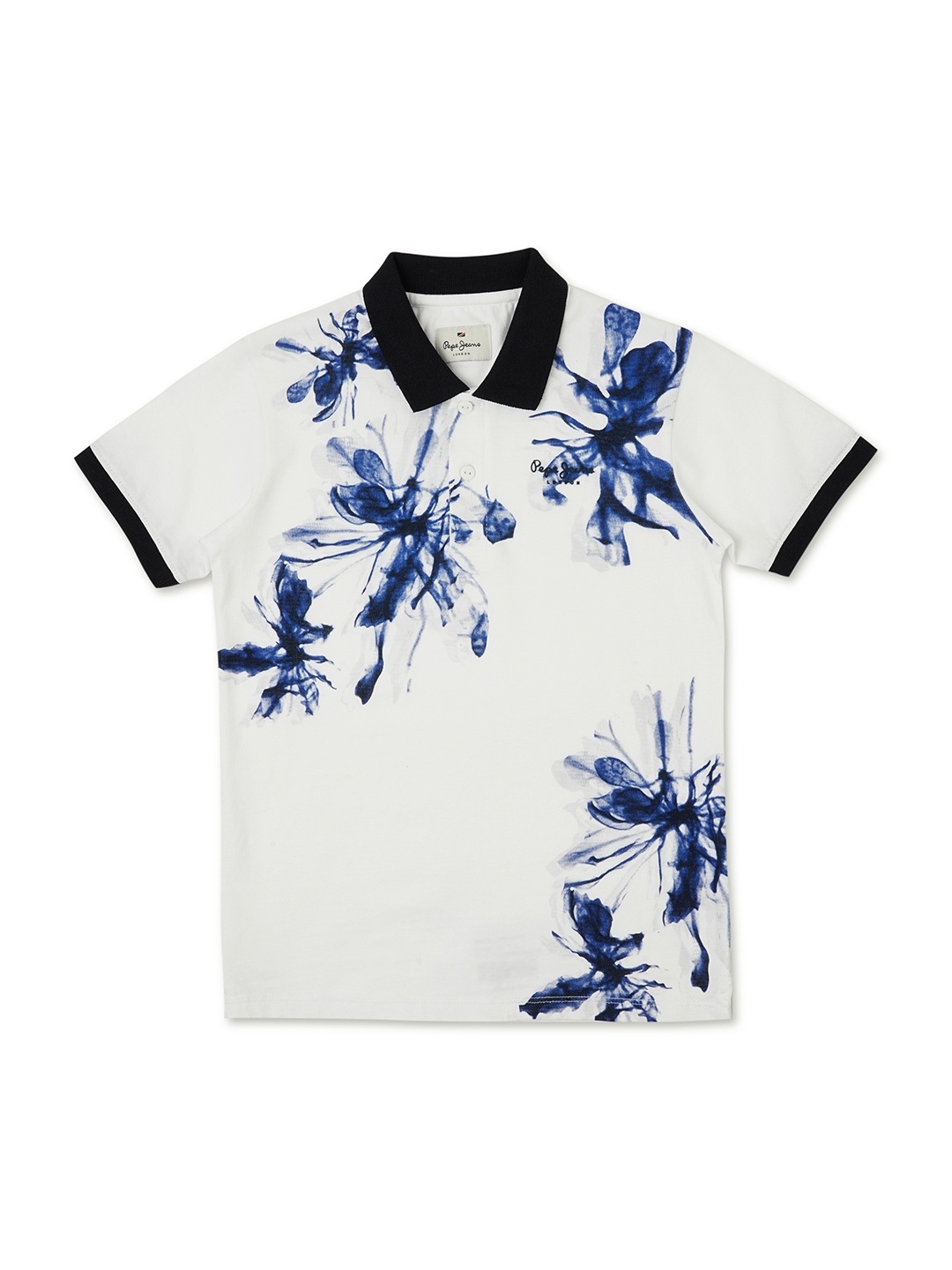 

Pepe Jeans Boys Floral Printed Polo Collar Pure Cotton T-shirt, White