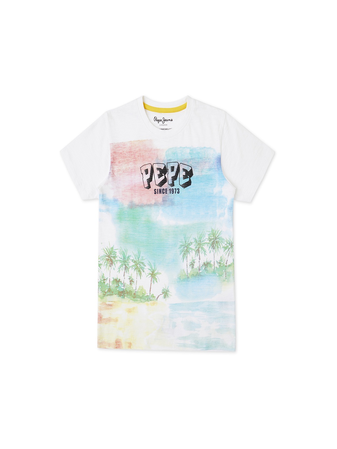 

Pepe Jeans Boys Typography Printed Applique Round Neck Short Sleeves Pure Cotton T-shirt, White