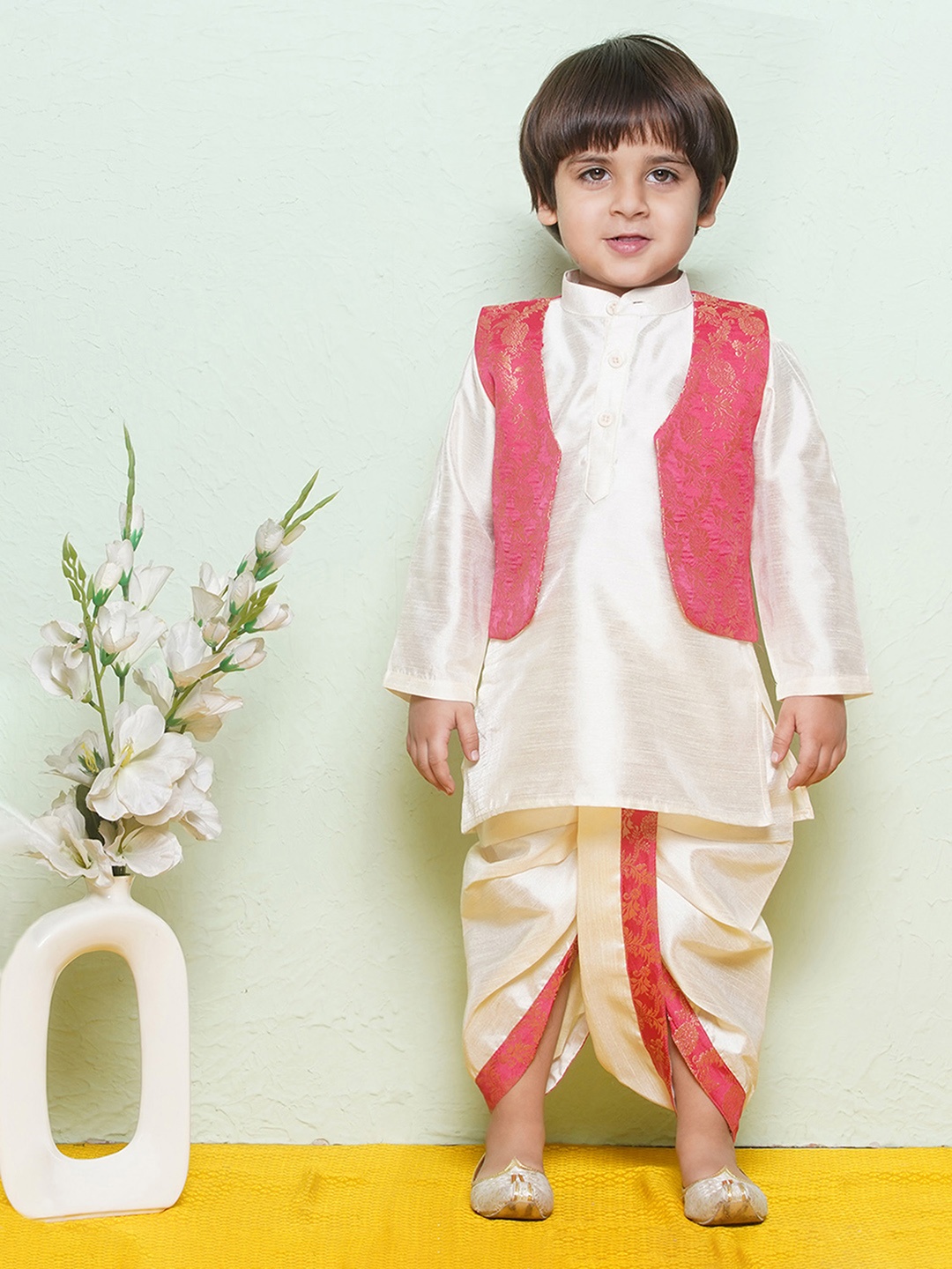 

Aj DEZInES Boys Regular Kurta with Dhoti Pant & Waistcoat, White