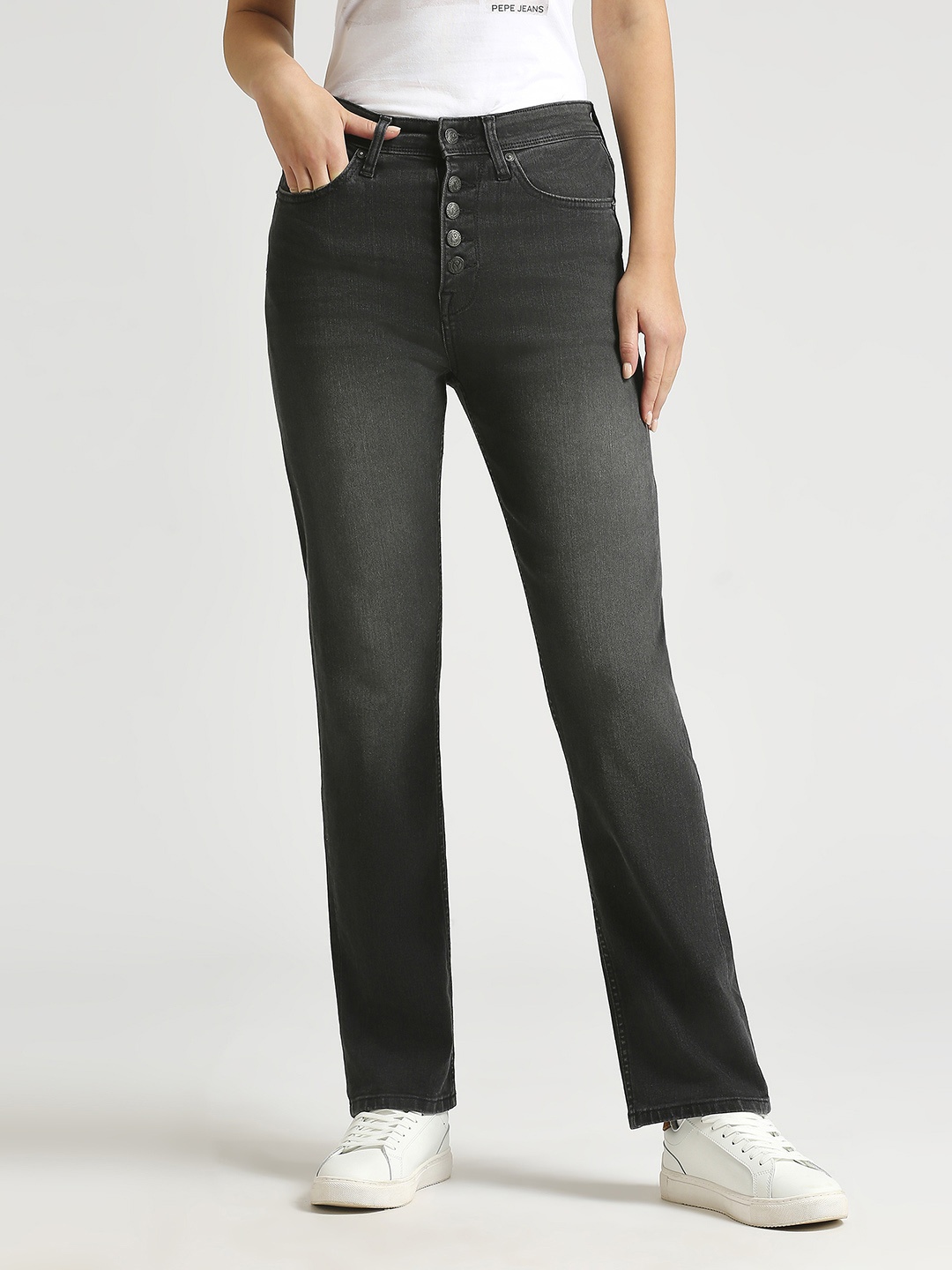 

Pepe Jeans Women Straight Fit High-Rise Light Fade Stretchable Jeans, Black