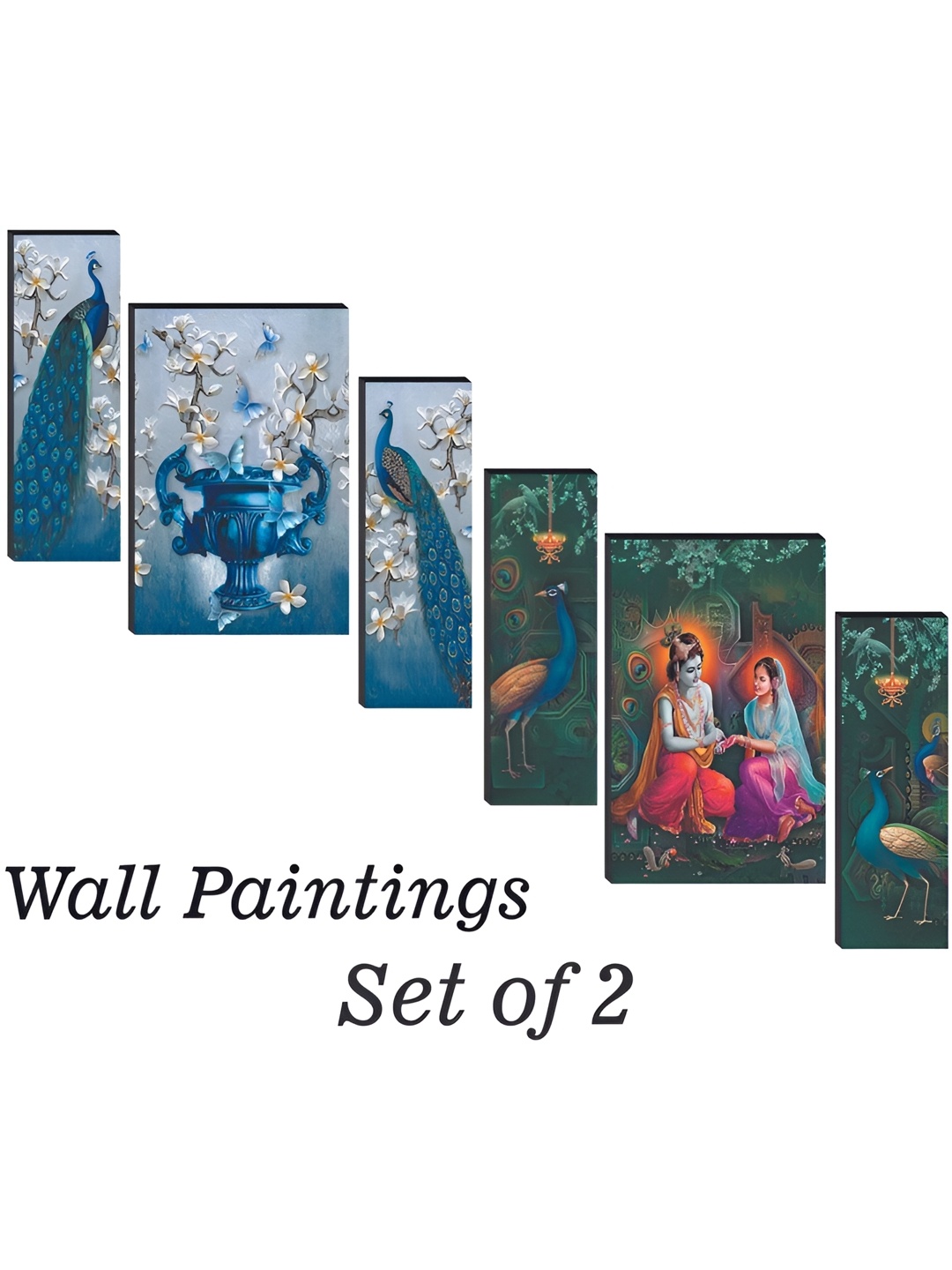 

WALLMAX Green & Blue 6 Pieces Radhakrishna & Birds UV Textured Framed Painting Wall Arts
