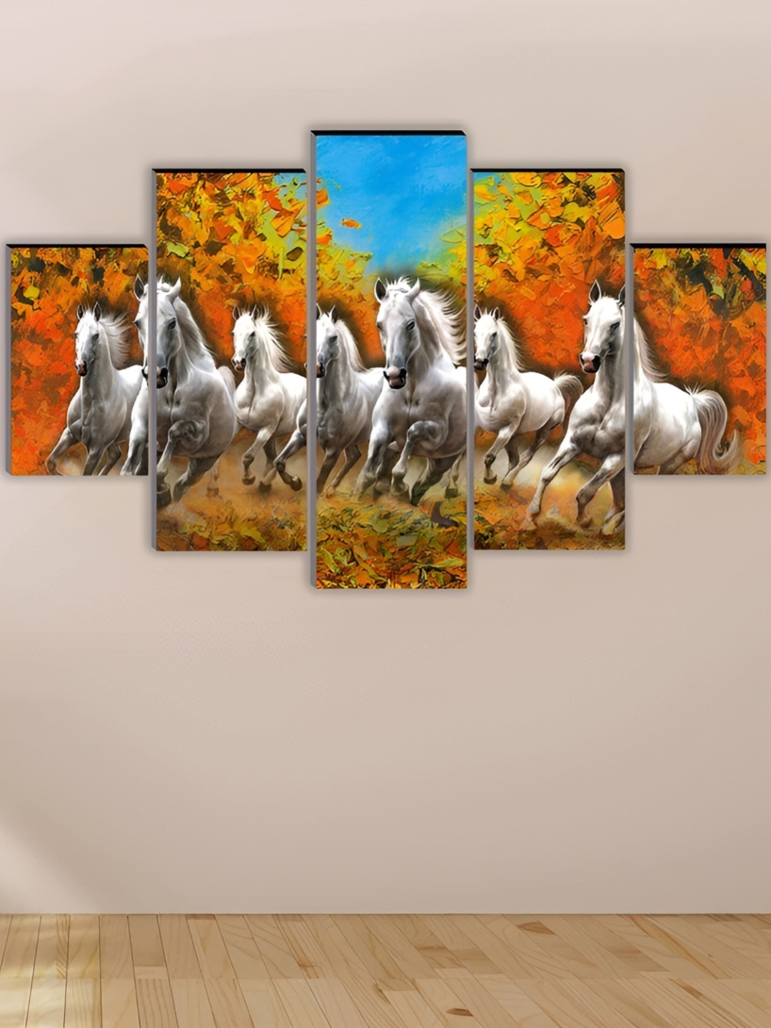 

WALLMAX Orange & Blue 5 Pcs Wooden Painting Wall Art
