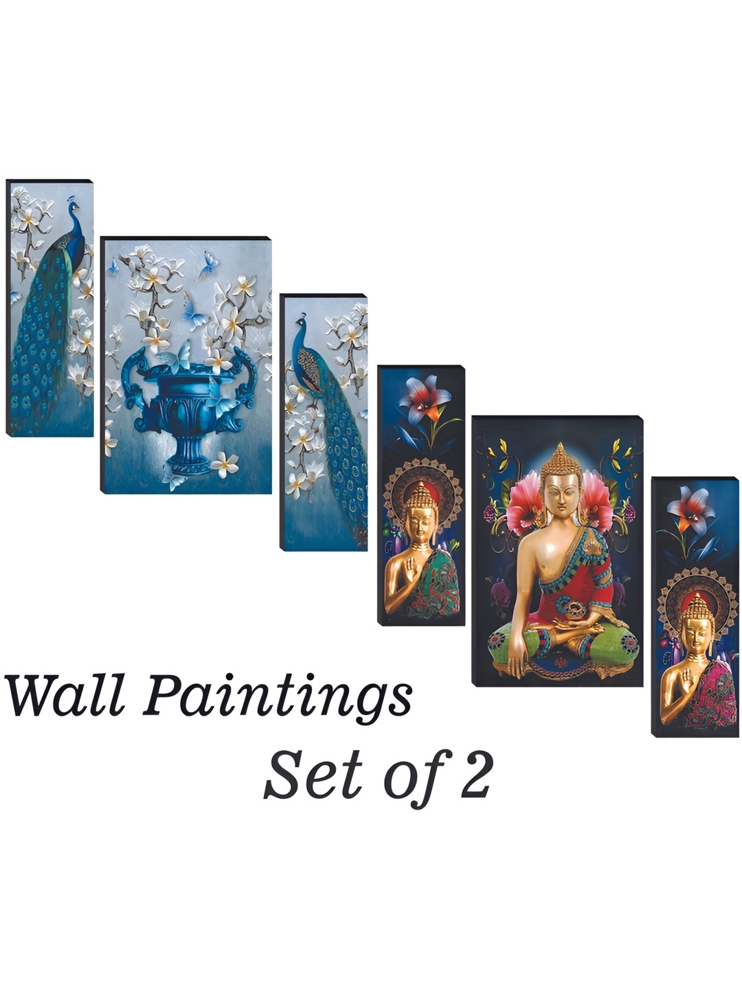 

WALLMAX Blue & Green 6 Pieces Buddha & Birds UV Texured Framed Painting Wall Arts
