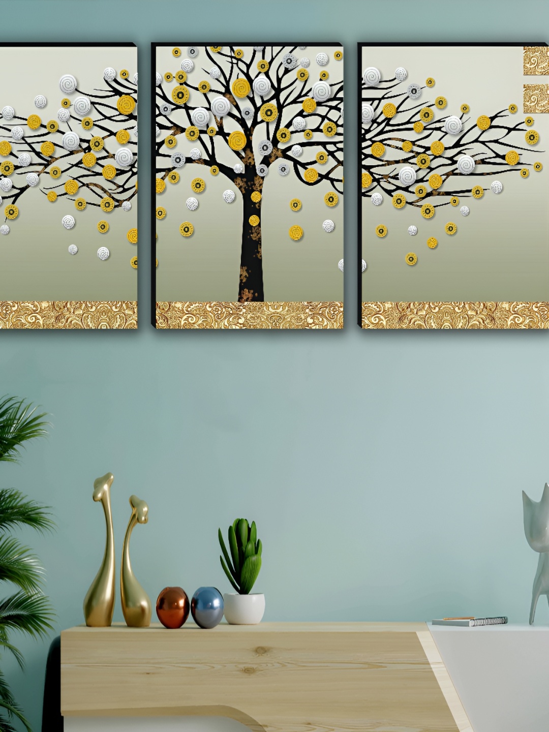 WALLMAX Yellow & White 3 Pieces Wooden Paintings Wall Arts