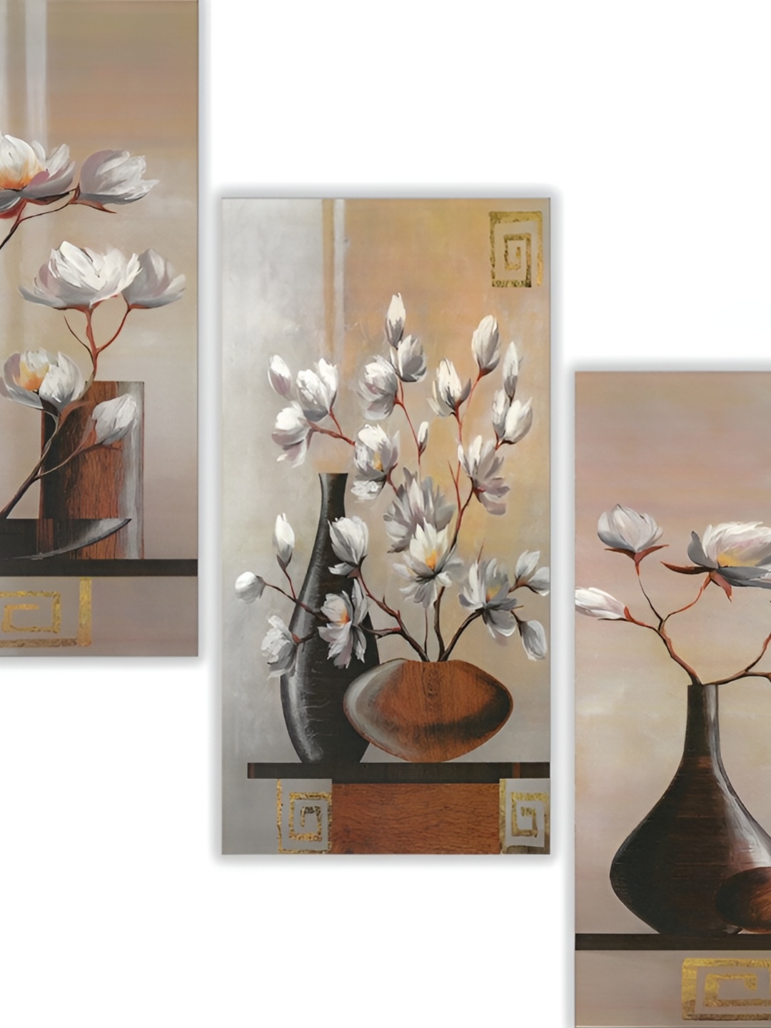 

WALLMAX White & Beige 3 Pieces Floral Painting Wooden Wall Arts