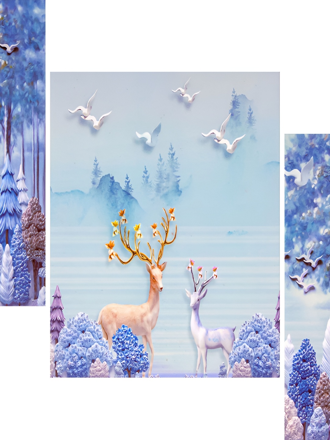 

WALLMAX Blue & White 3 Pieces Birds & Flowers UV Texured Framed Painting Wall Arts
