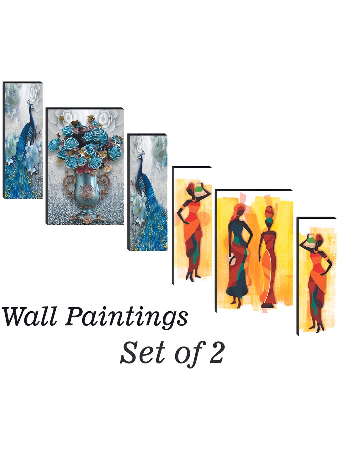 

WALLMAX Blue & orange 6 Pieces Birds & Trible Womens UV Textured Framed Painting Wall Arts