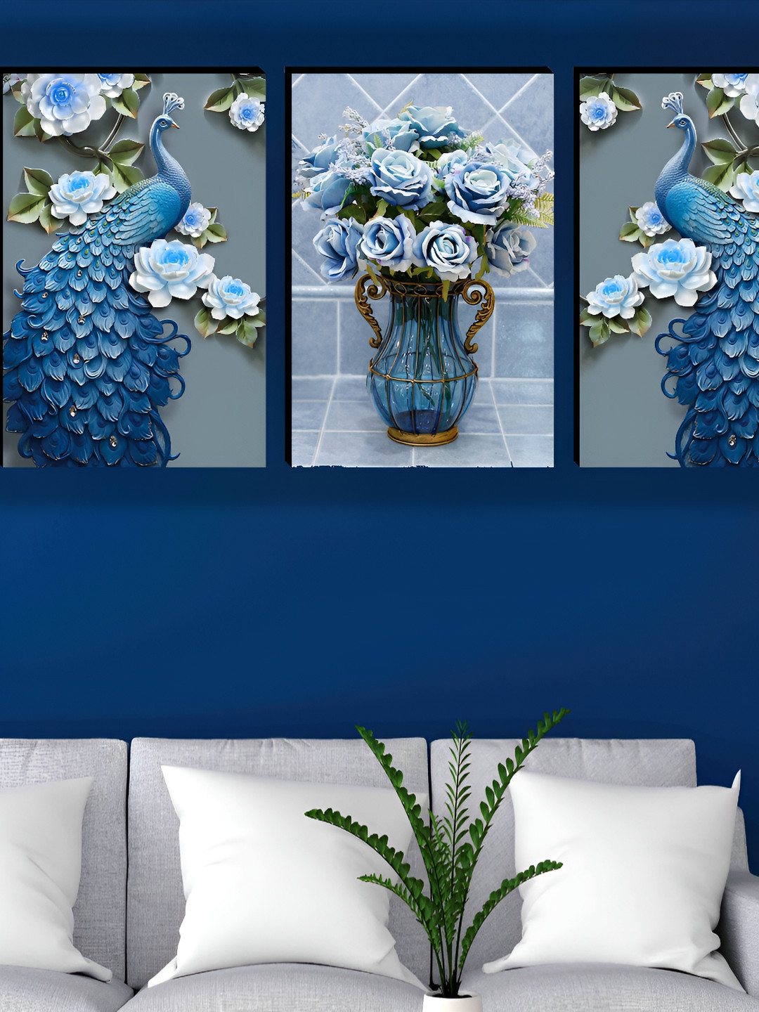 

WALLMAX Blue 3 Pieces Wooden Floral and Botanical Wall Art