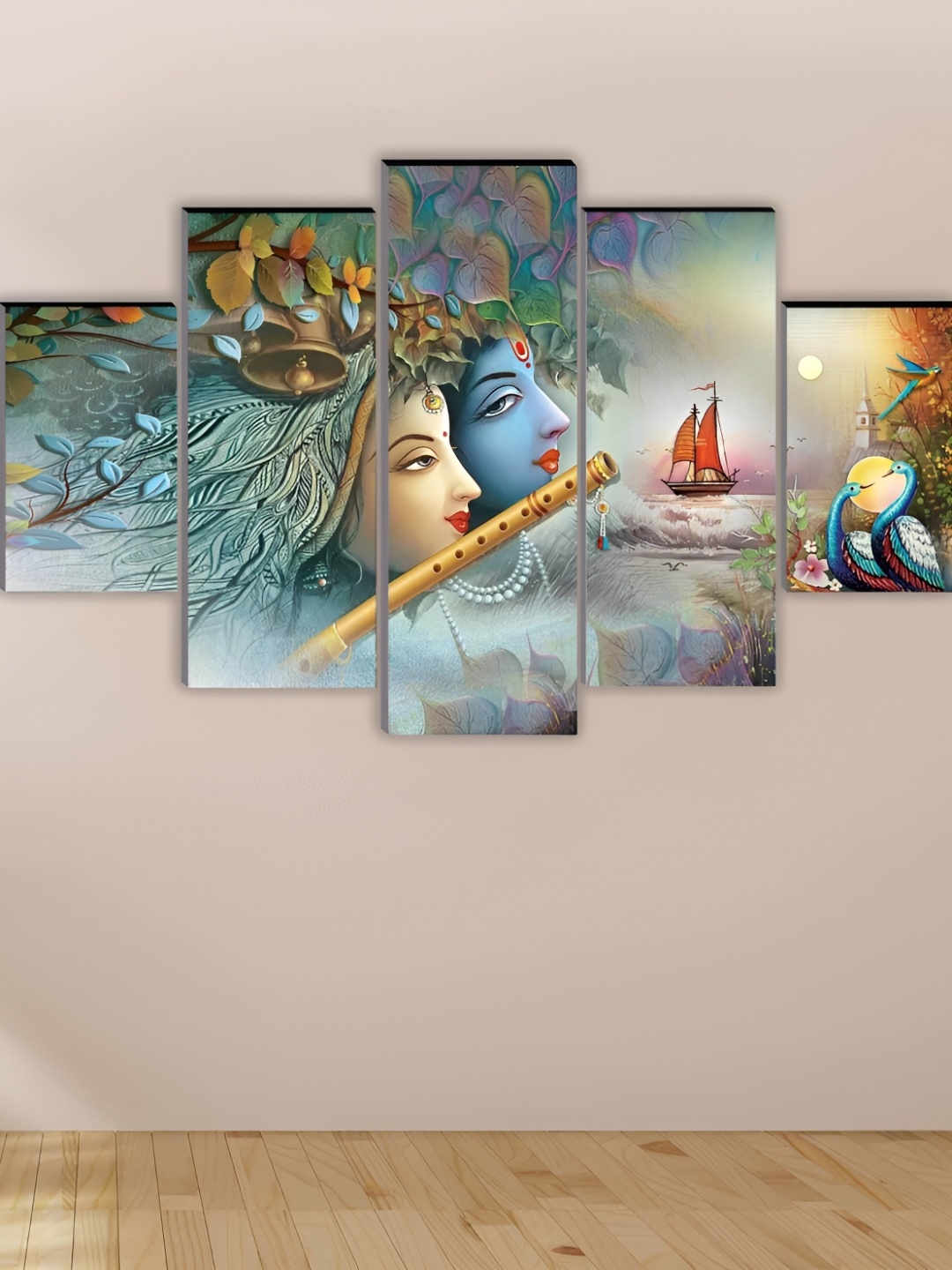 

WALLMAX Blue & Green 5 Pieces Radhakrishna UV Texured Framed Painting Wall Arts