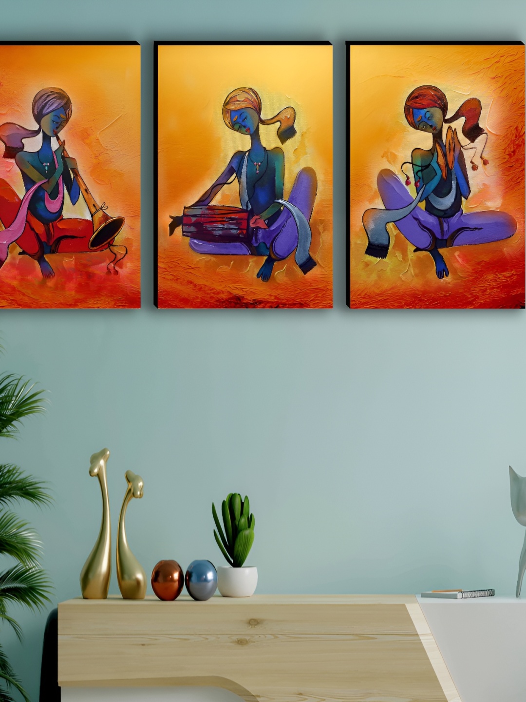 

WALLMAX Blue & Orange-Coloured 3 Piece Wood Religious Wall Paintings