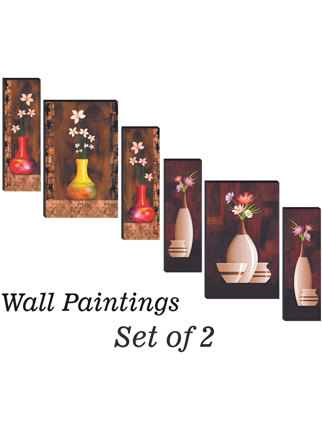 

WALLMAX Yellow & Pink 6 Pcs Flowers Vases UV Textured Framed Painting Wall Art