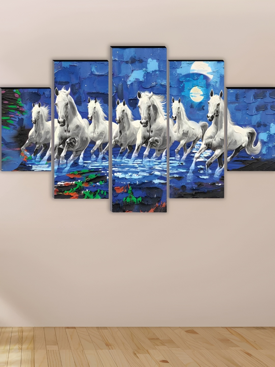 

WALLMAX Blue & White 5 Pieces Horse Framed Paintings Wall Arts