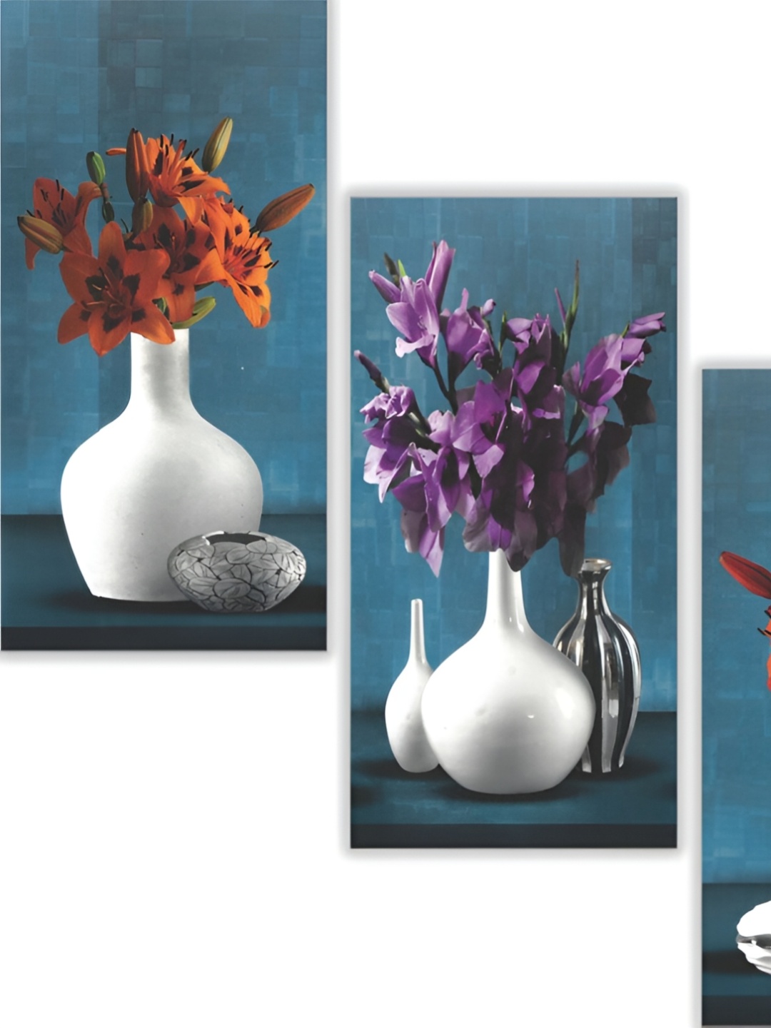 

WALLMAX Blue & White 3 Pieces Wooden Paintings Wall Arts