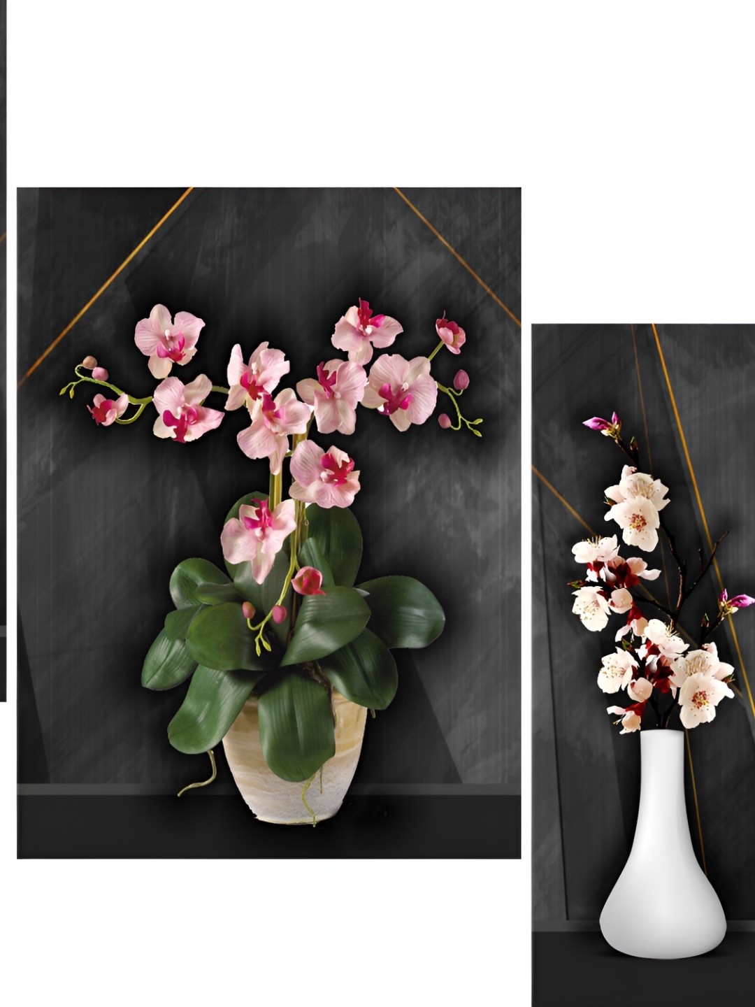 

WALLMAX Grey & Pink 3 Pcs Flower Vases UV Textured Framed Painting Wall Art