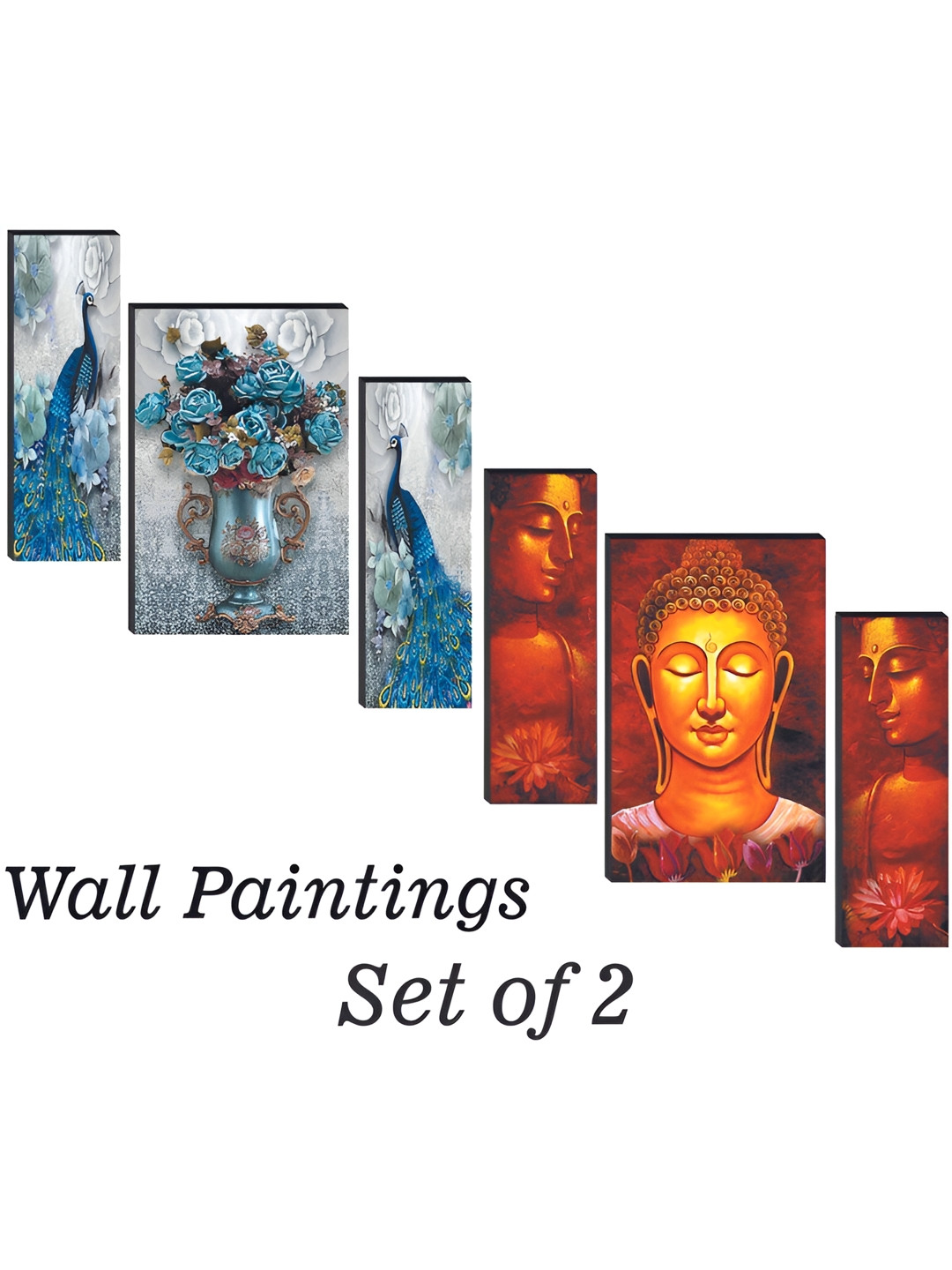 

WALLMAX Green & Yellow 6 Pieces Buddha & Peacock Flower Pot MDF Framed Wall Painting