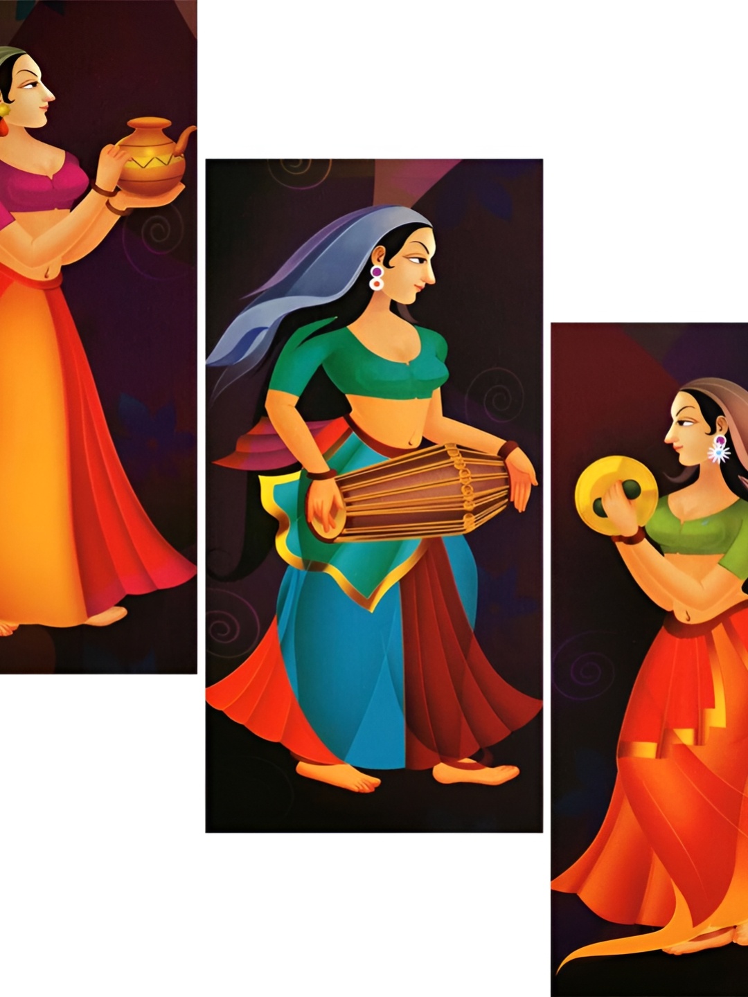 

WALLMAX Blue & Yellow 3 Pieces Rajasthani Women UV Texured Painting Wall Art