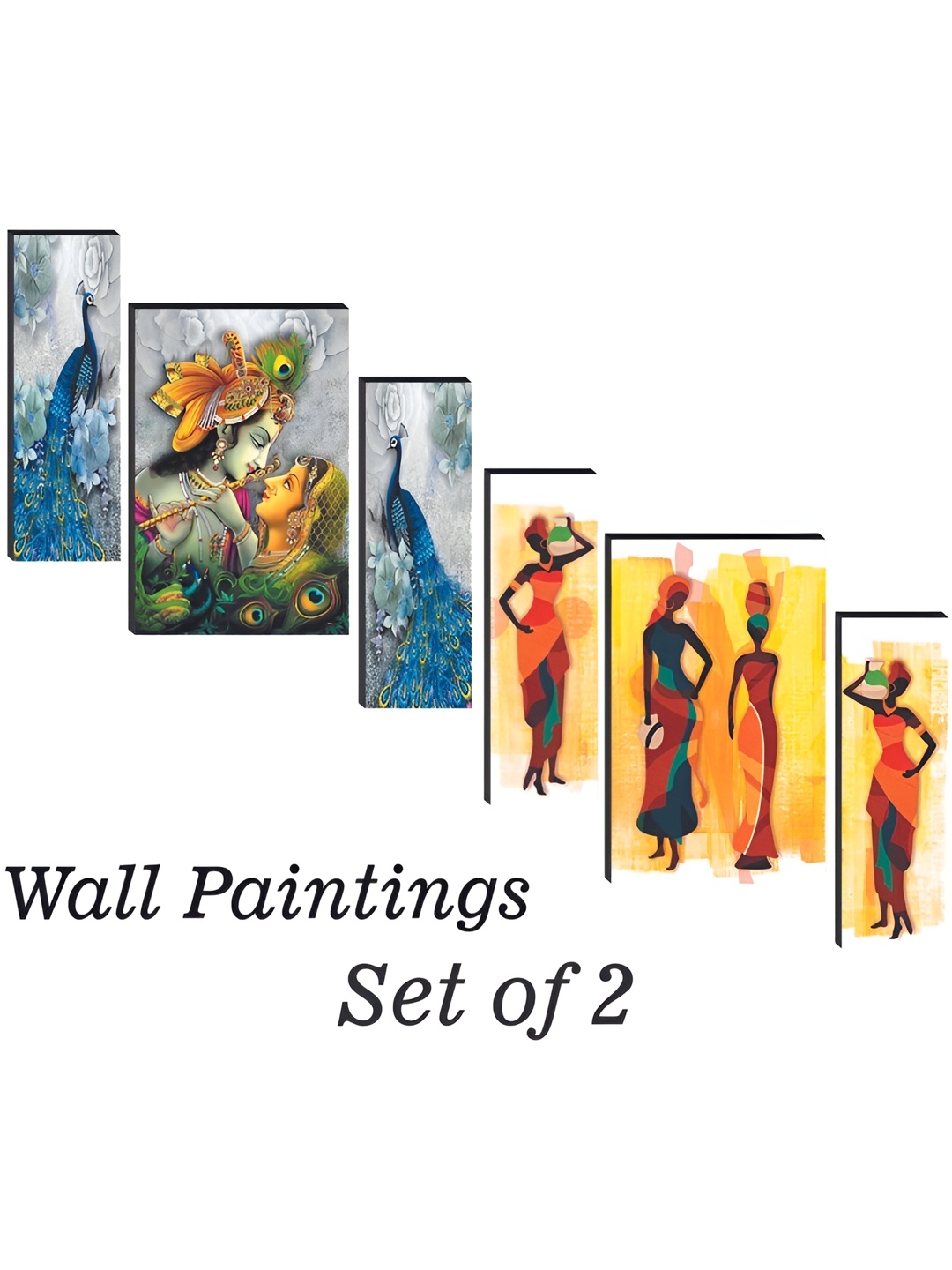 WALLMAX Blue 6 Pcs Radha Krishna & Trible Lady UV Textured Framed Painting Wall Art