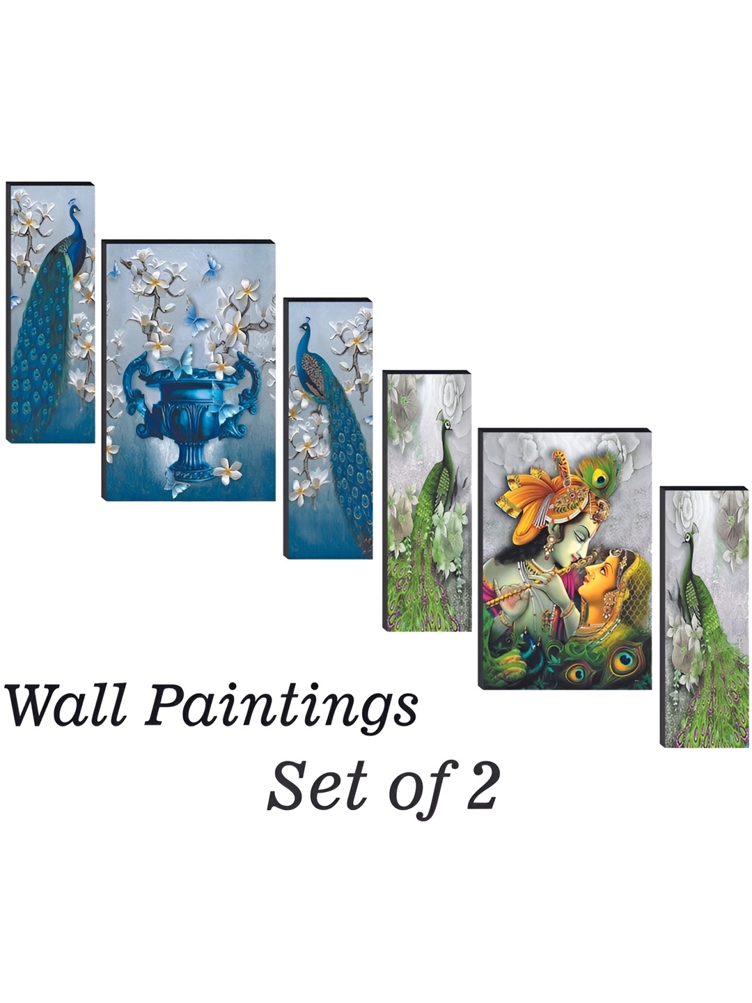 WALLMAX Green & Blue 6 Pieces Wooden Paintings Wall Arts