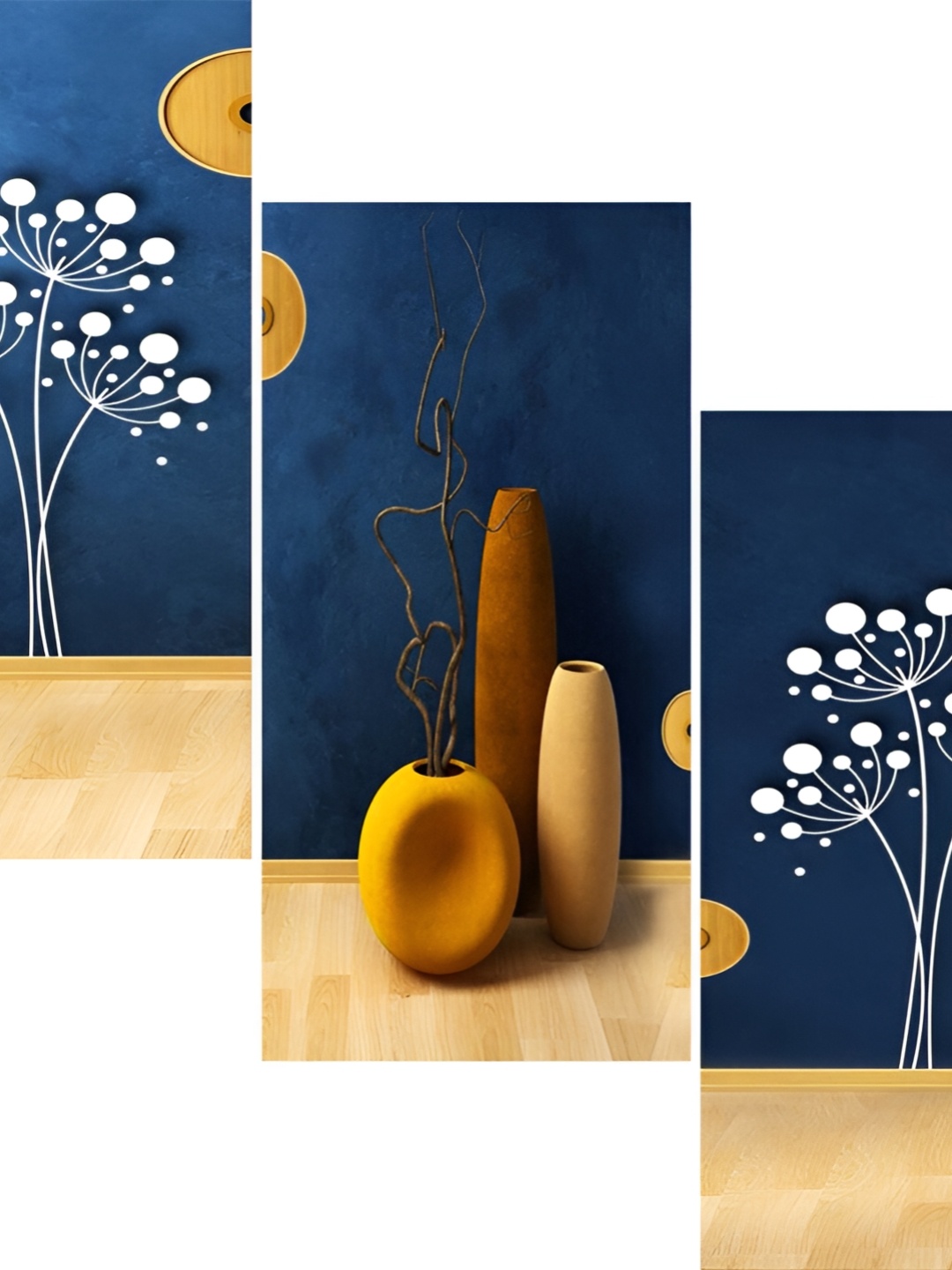 

WALLMAX Blue & White 3 Pieces Wooden Paintings Wall Arts