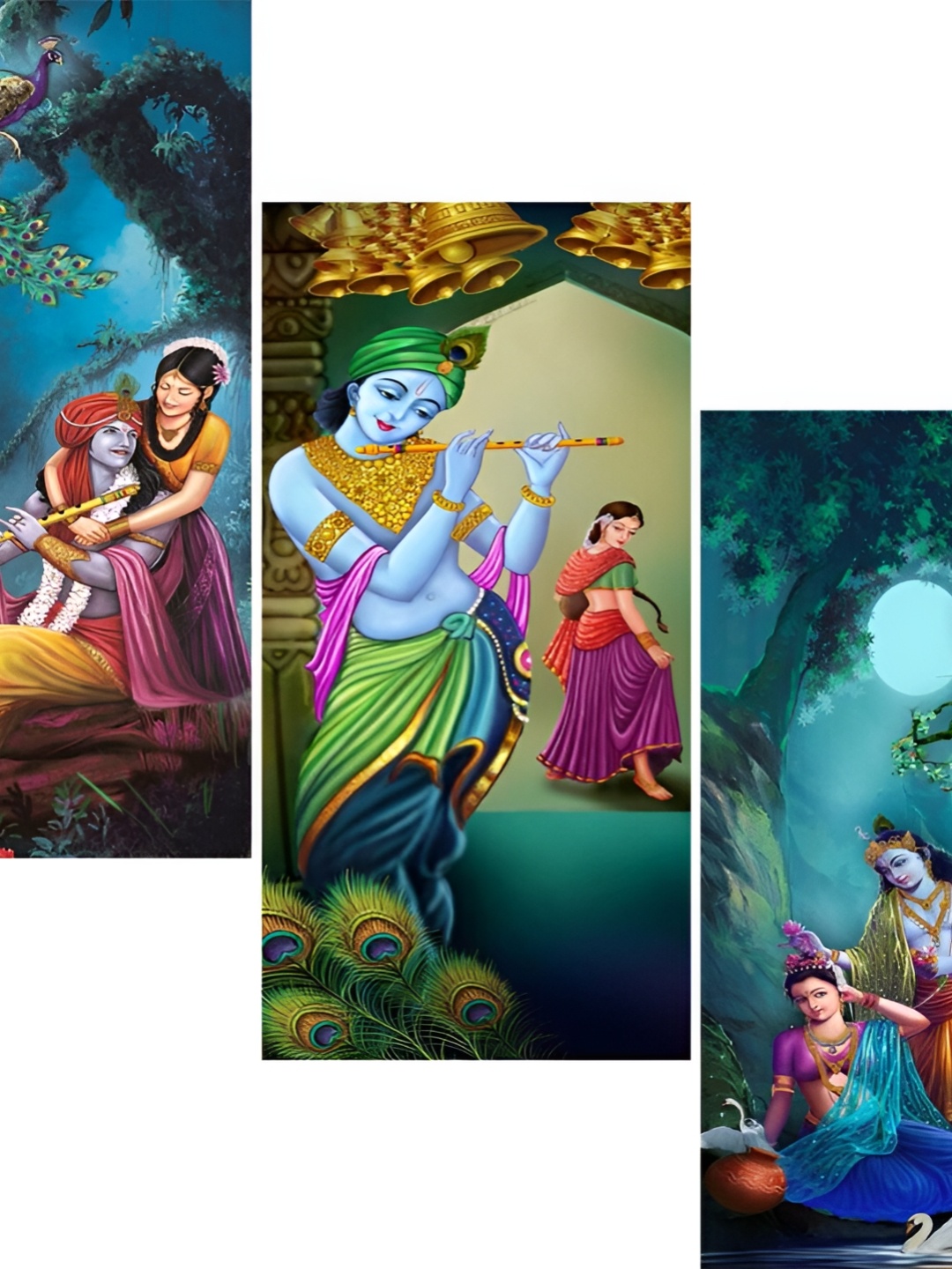 WALLMAX Blue & Green 3 Pcs Radhakrishna UV Textured Framed Painting Wall Arts