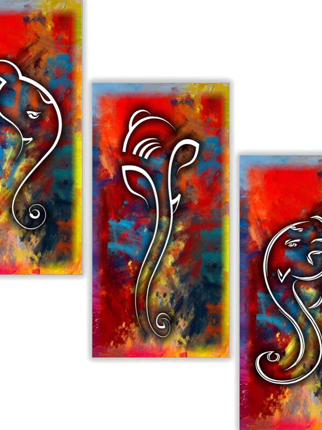 WALLMAX Red & Yellow 3 Pcs Ganesha UV Textured Painting Wall Art