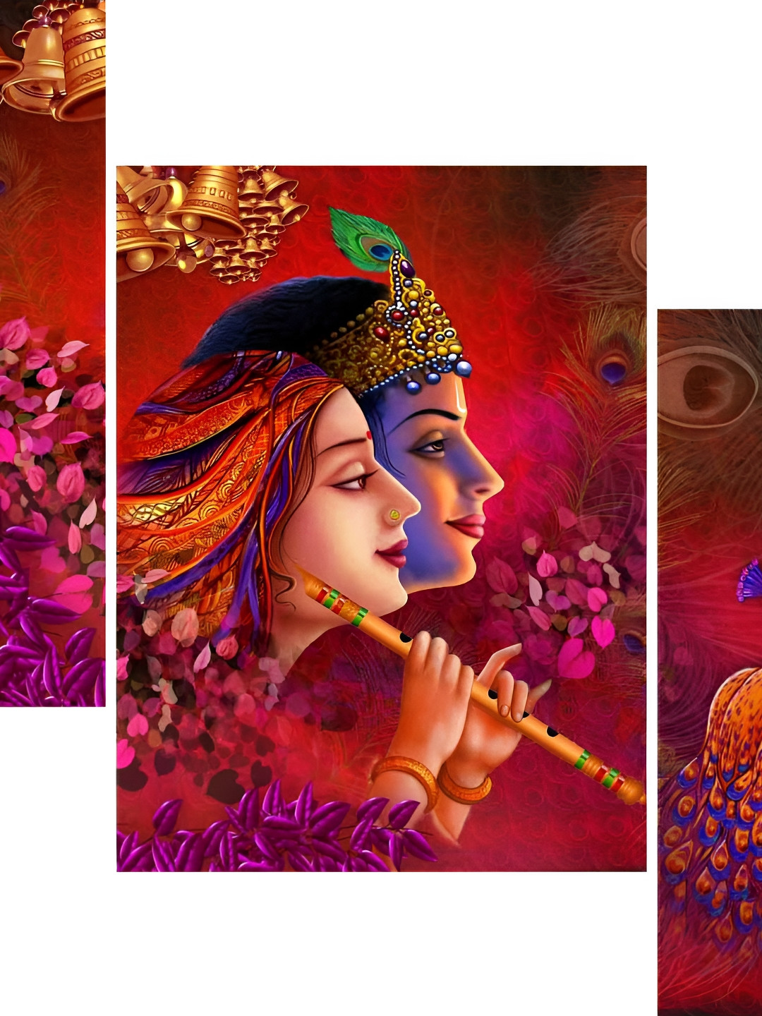 

WALLMAX Red & Pink 3 Pcs Radhakrishna UV Textured Painting Wall Art