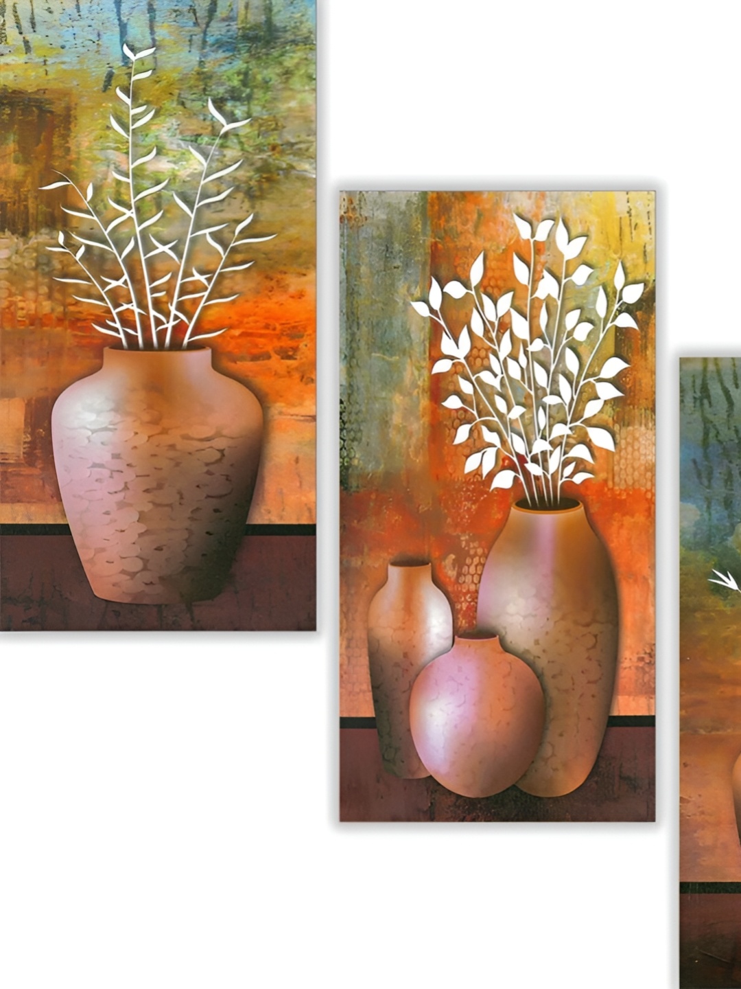 WALLMAX White & Brown 3 Pieces Floral And Botanical Wall Arts