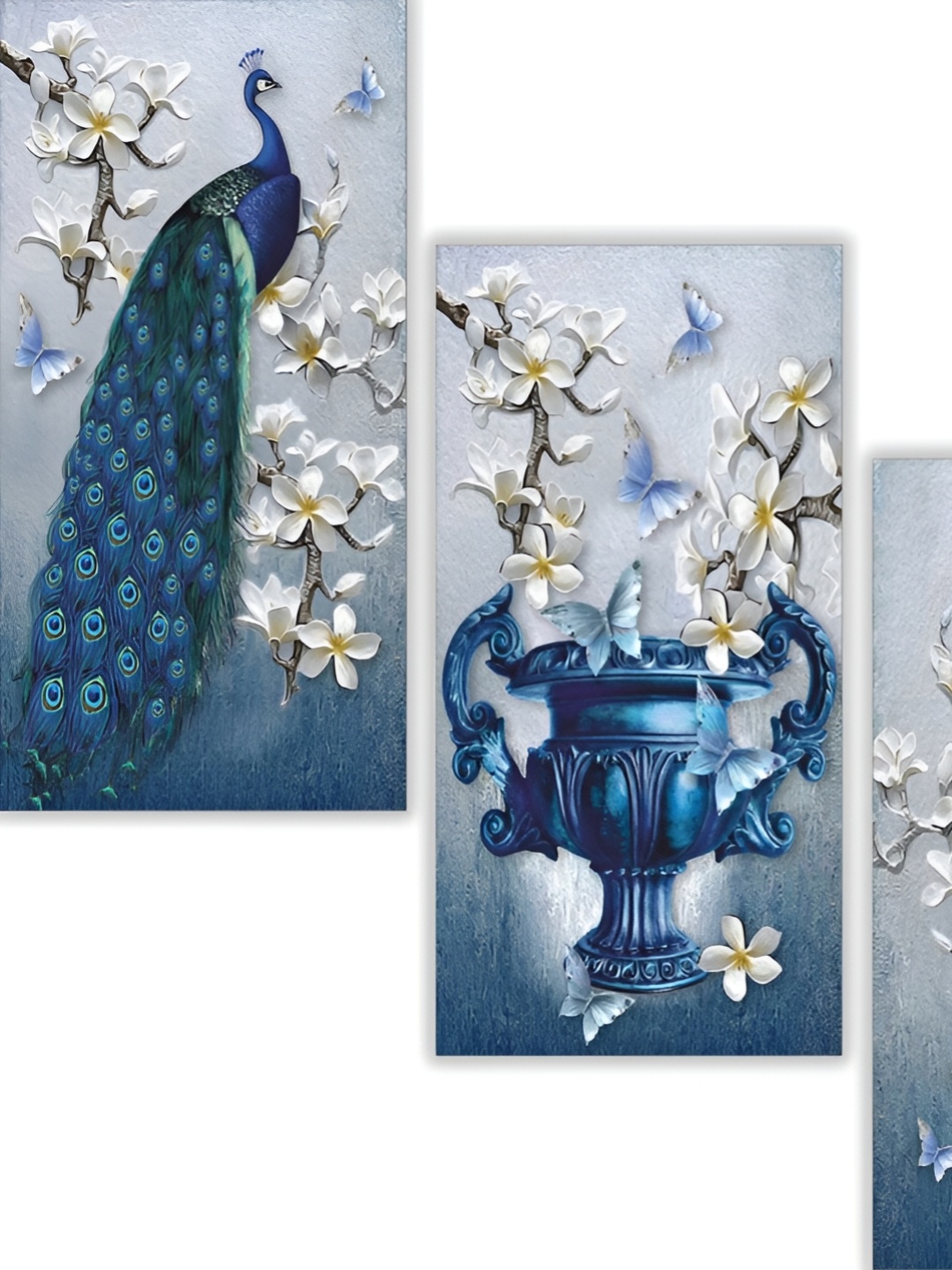 

WALLMAX White & Blue 3-Pcs UV Textured MDF Framed Wall Art