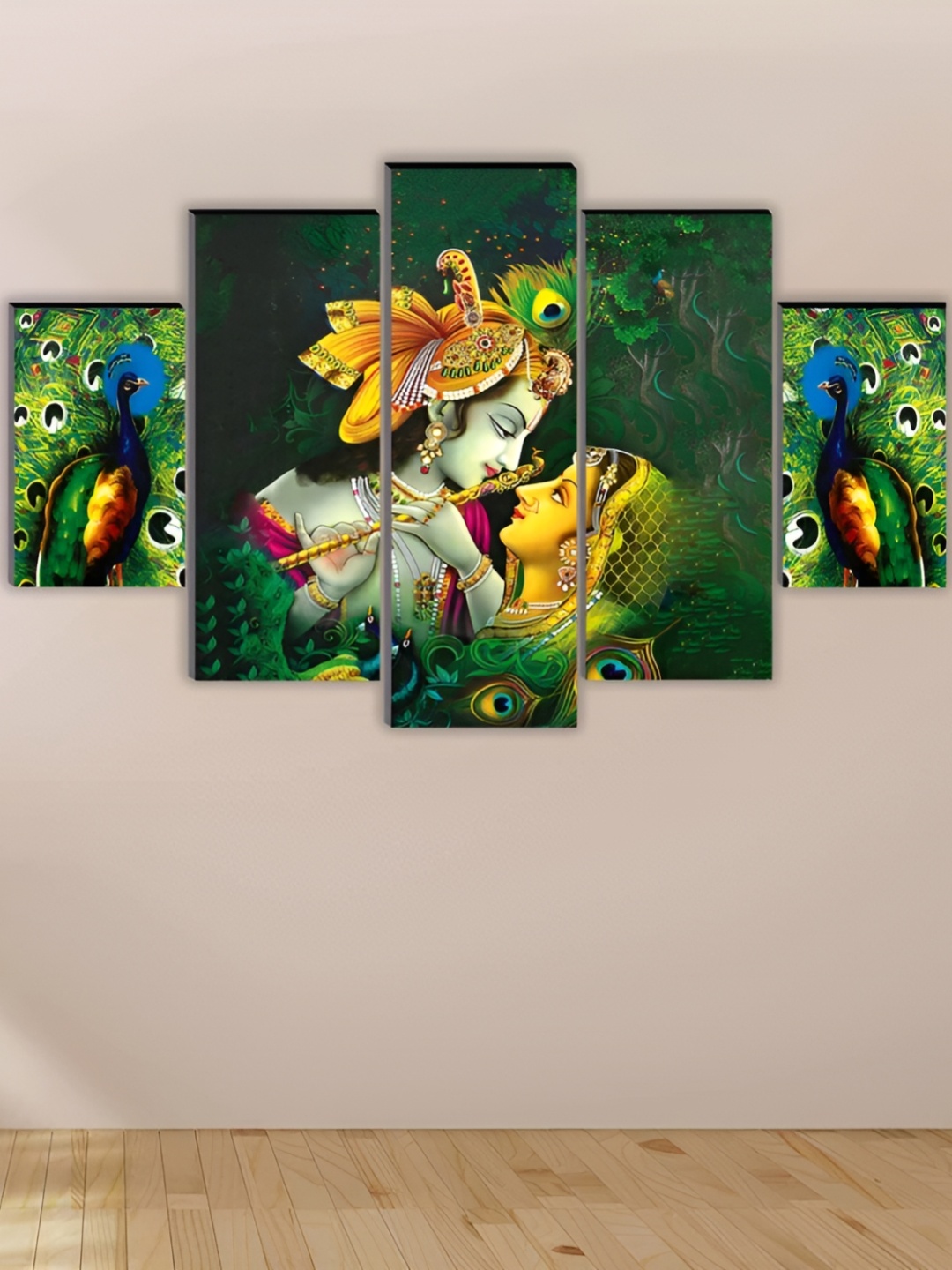 

WALLMAX Green 5 Pieces Radha Krishna Wooden Painting Wall Art