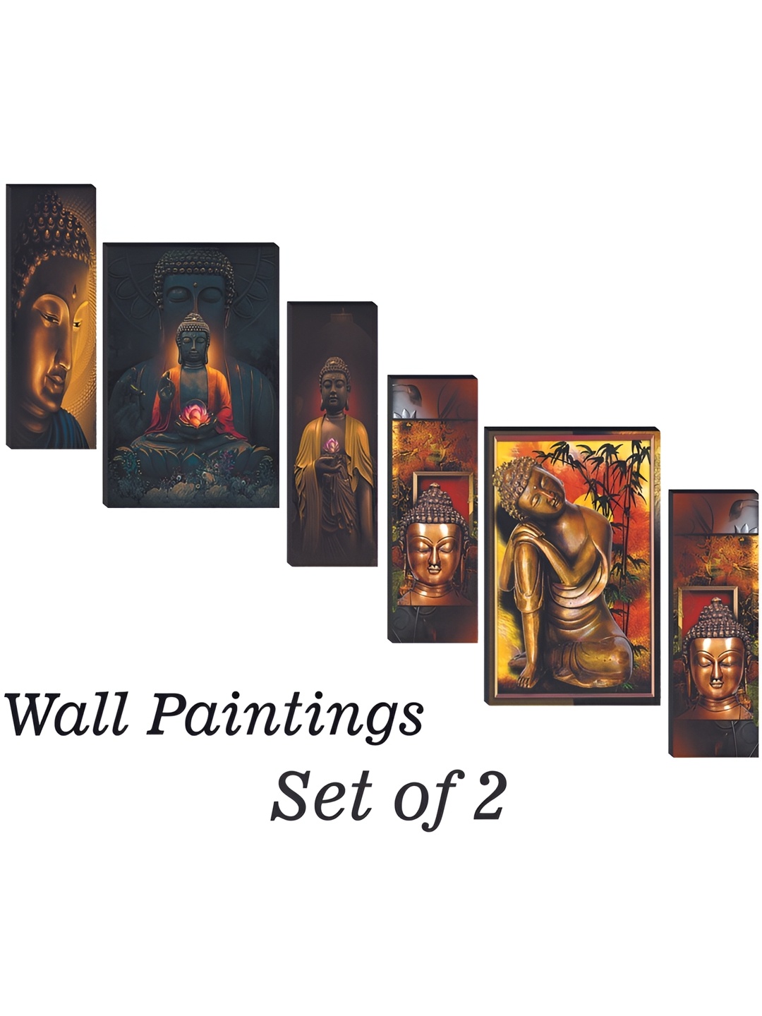WALLMAX Orange & Black 6-Pcs Buddha Wooden Painting Wall Art