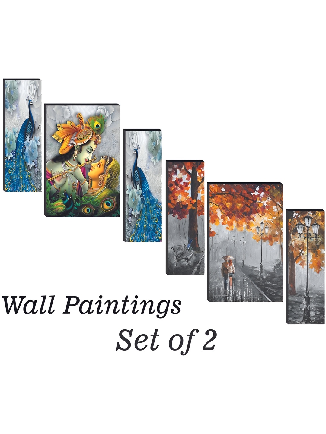 WALLMAX Blue & Grey 6-Pcs Radhakrishna & Botanical Painting Wall Art