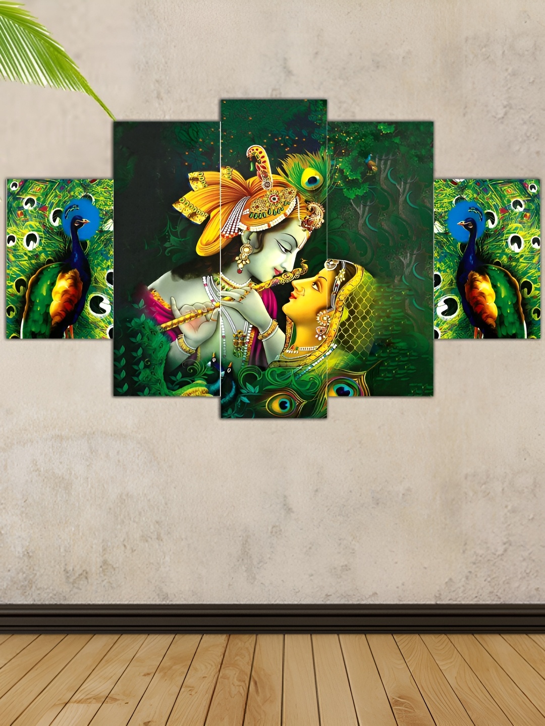 WALLMAX Green 5 Pieces Radha Krishna Wooden Painting Wall Art