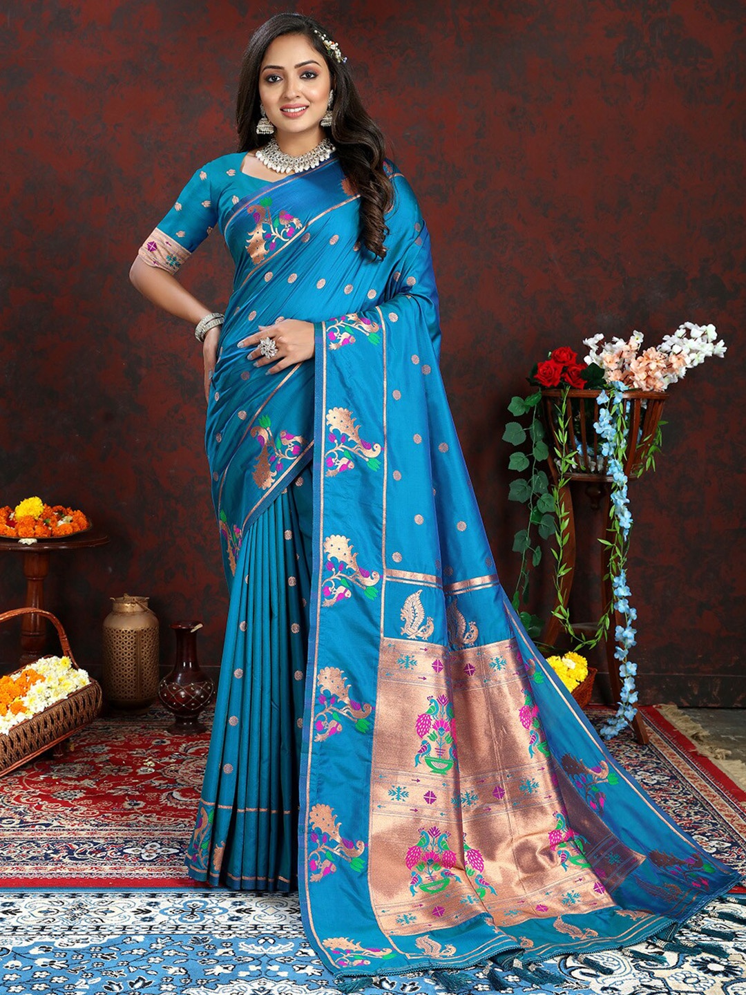 

JATRIQQ Ethnic Motif Woven Design Paithani Zari Saree, Teal