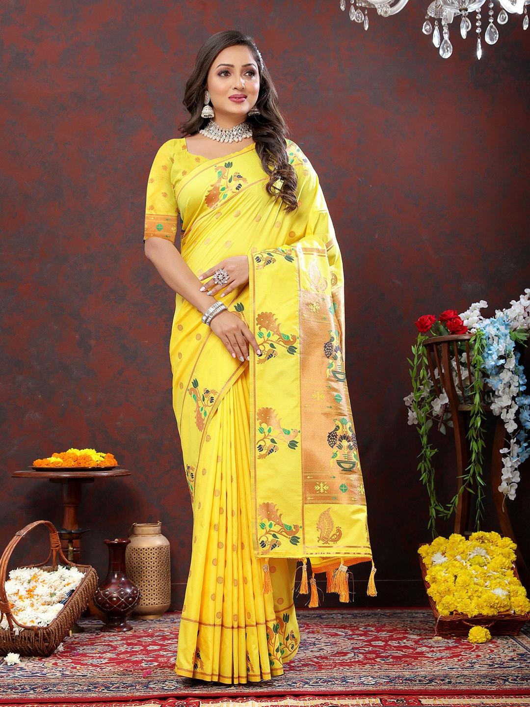 

JATRIQQ Ethnic Motifs Woven Design Zari Art Silk Paithani Saree, Yellow