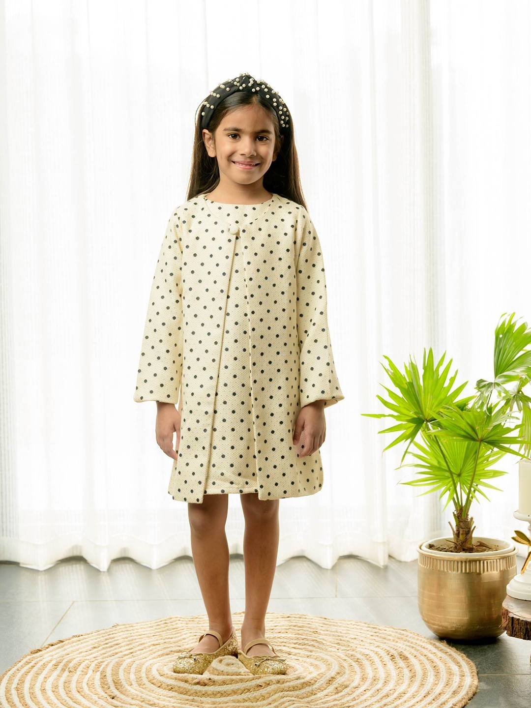 Fairies Forever Kids-Girls Polka Dot Print Jacquard A-Line Dress, Cream
