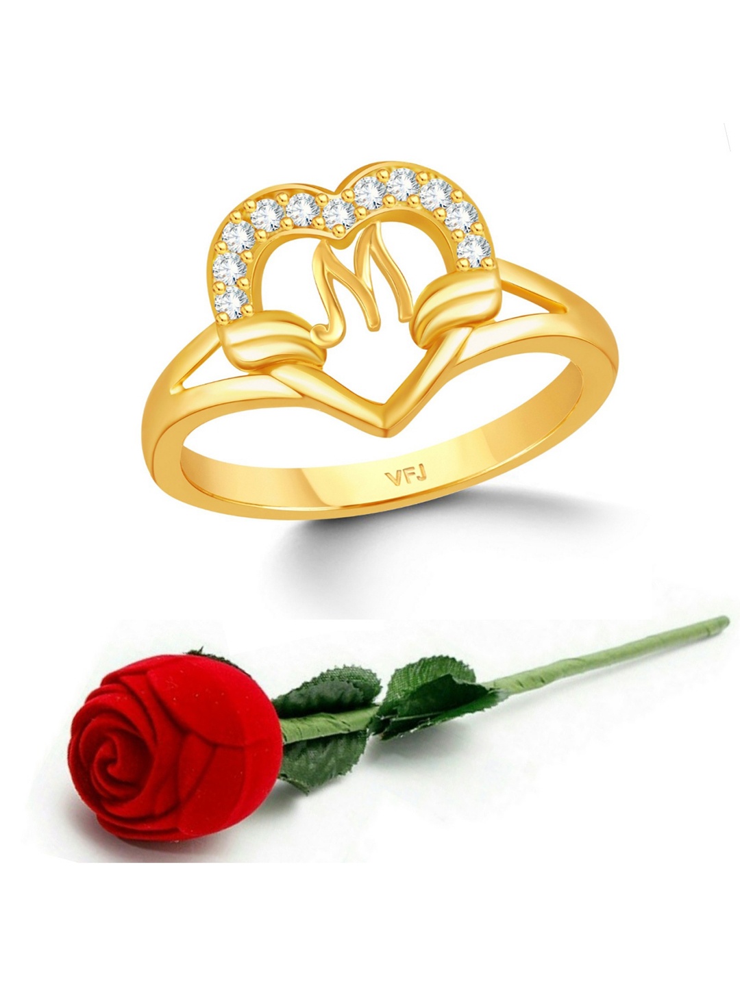 

Vighnaharta Set of 2 Gold-Plated CZ-Studded & Alphabet M Finger Ring With Rose Box