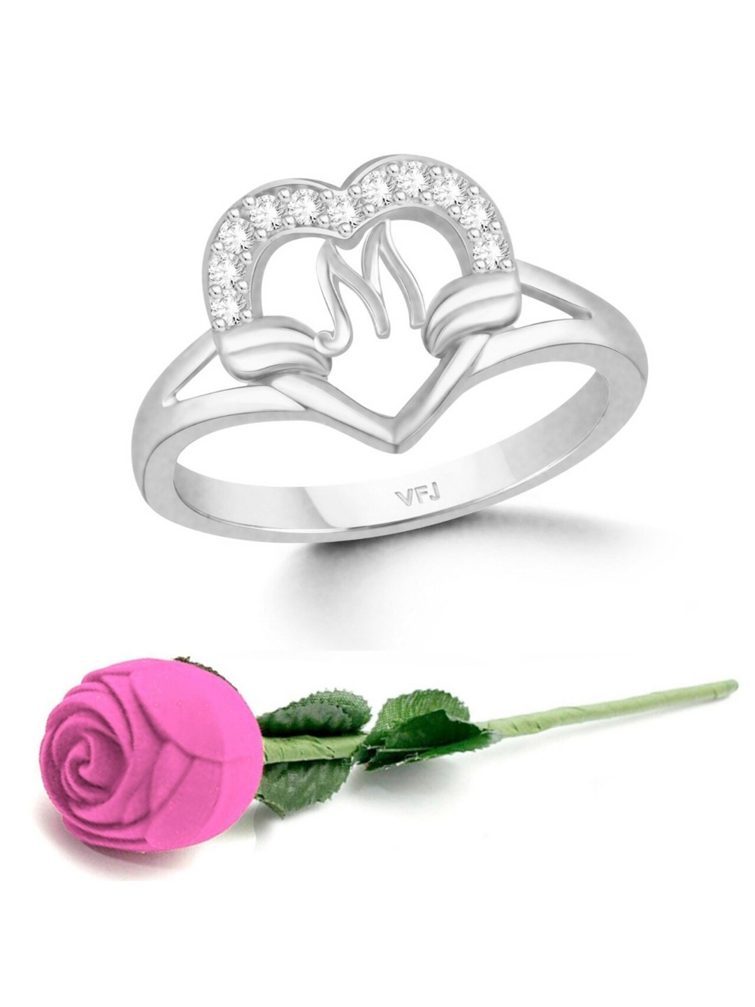 

Vighnaharta Rhodium-Plated CZ-Studded & Alphabet M Finger Ring With Rose Box, Silver