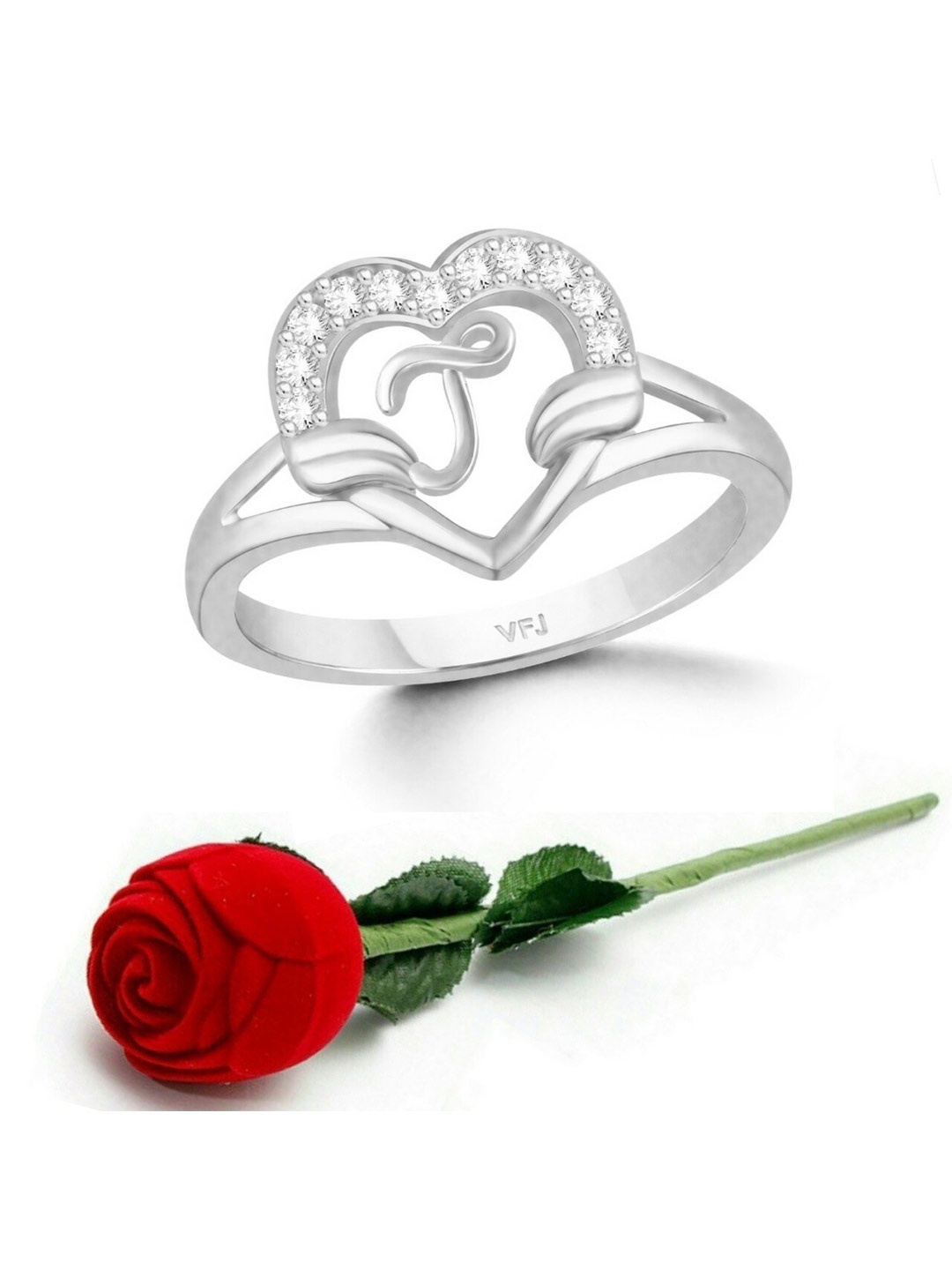 

Vighnaharta Rhodium-Plated CZ-Studded & Alphabet J Finger Ring With Rose Box, Silver