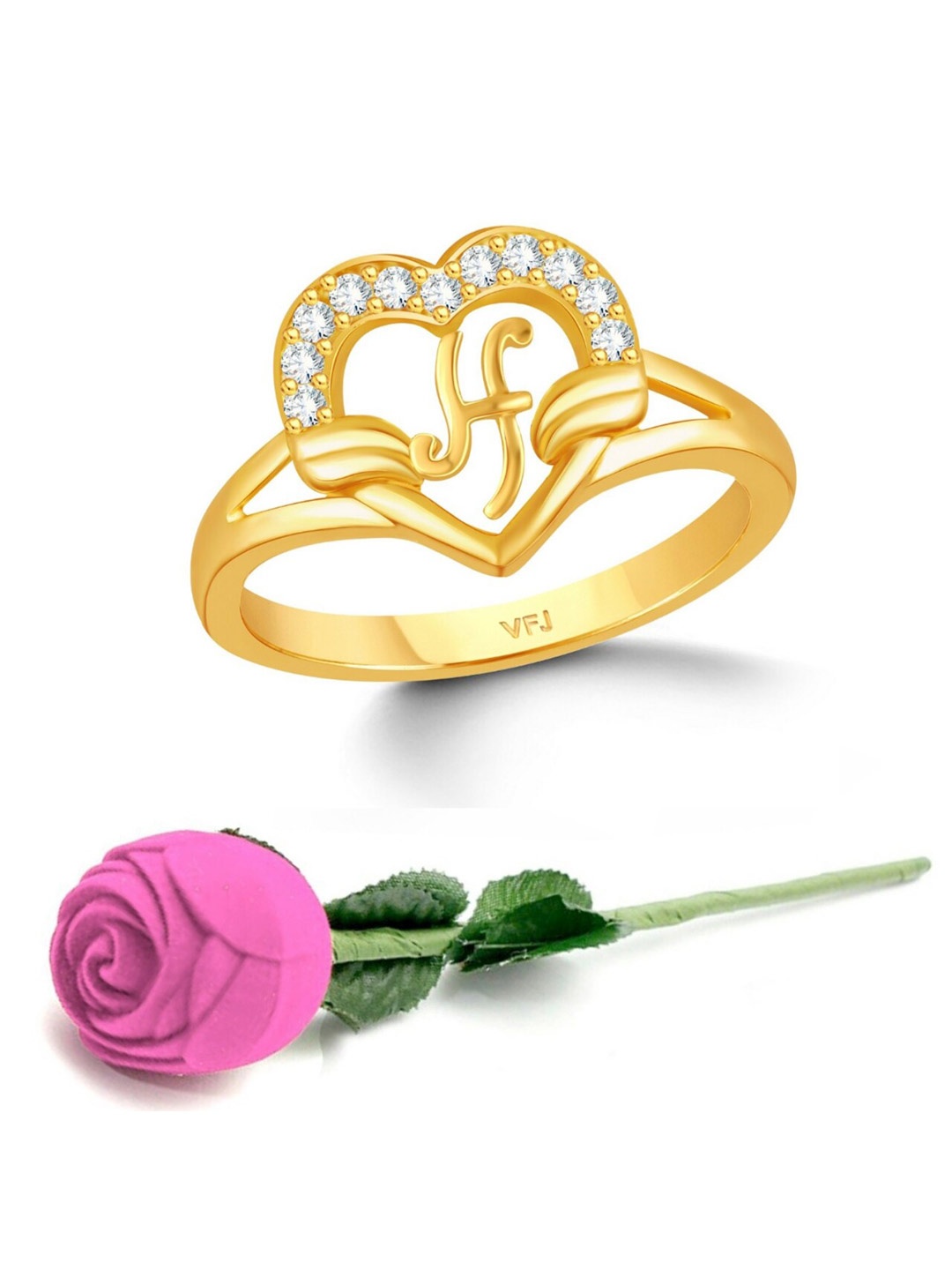 

Vighnaharta Gold-Plated CZ-Studded & Alphabet H Finger Ring With Rose Box