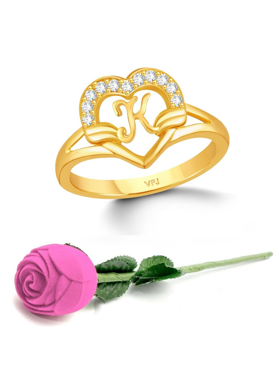 

Vighnaharta Gold-Plated CZ-Studded & Alphabet K Finger Ring With Rose Box