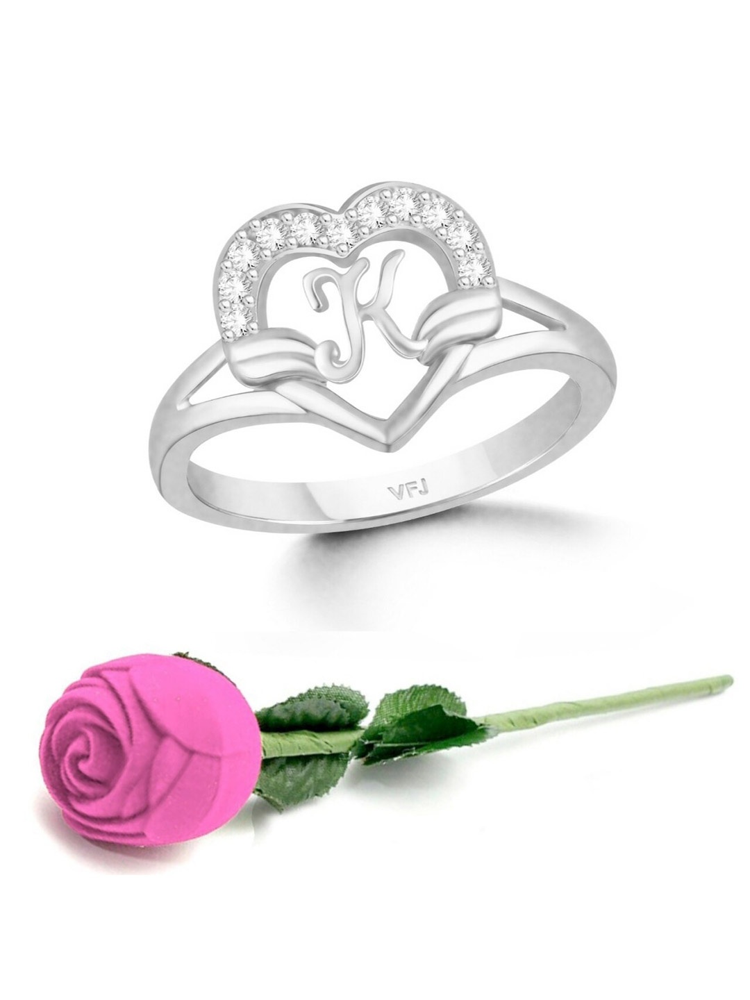 

Vighnaharta Rhodium-Plated CZ-Studded & Alphabet K Finger Ring With Rose Box, Silver