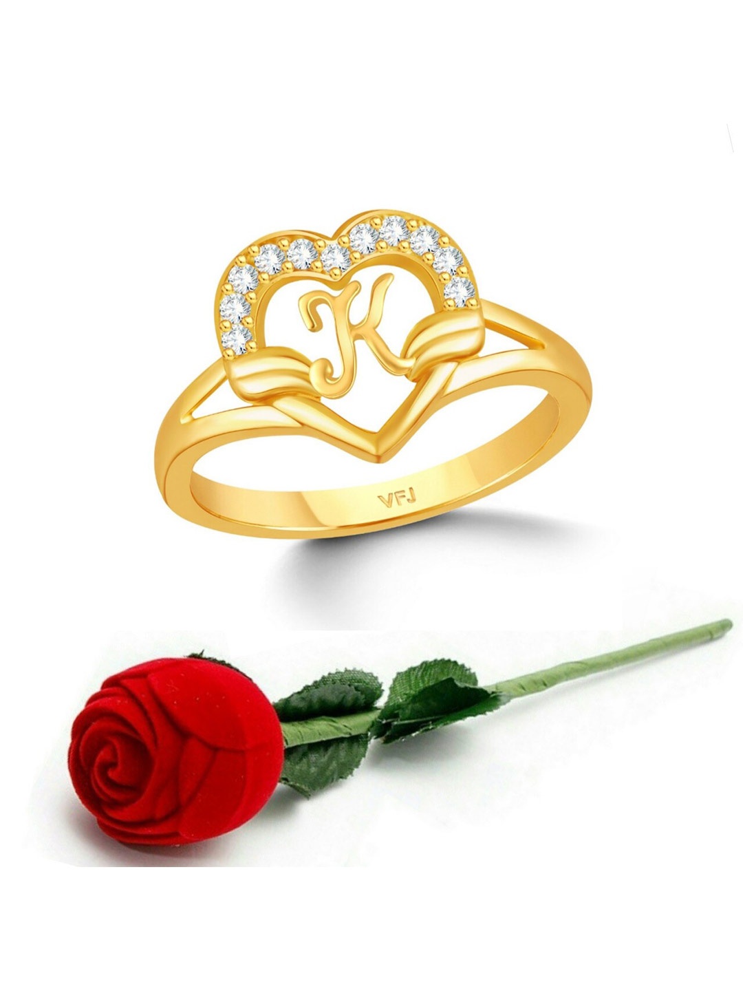 Vighnaharta Gold-Plated CZ-Studded & Alphabet K Finger Ring With Rose Box