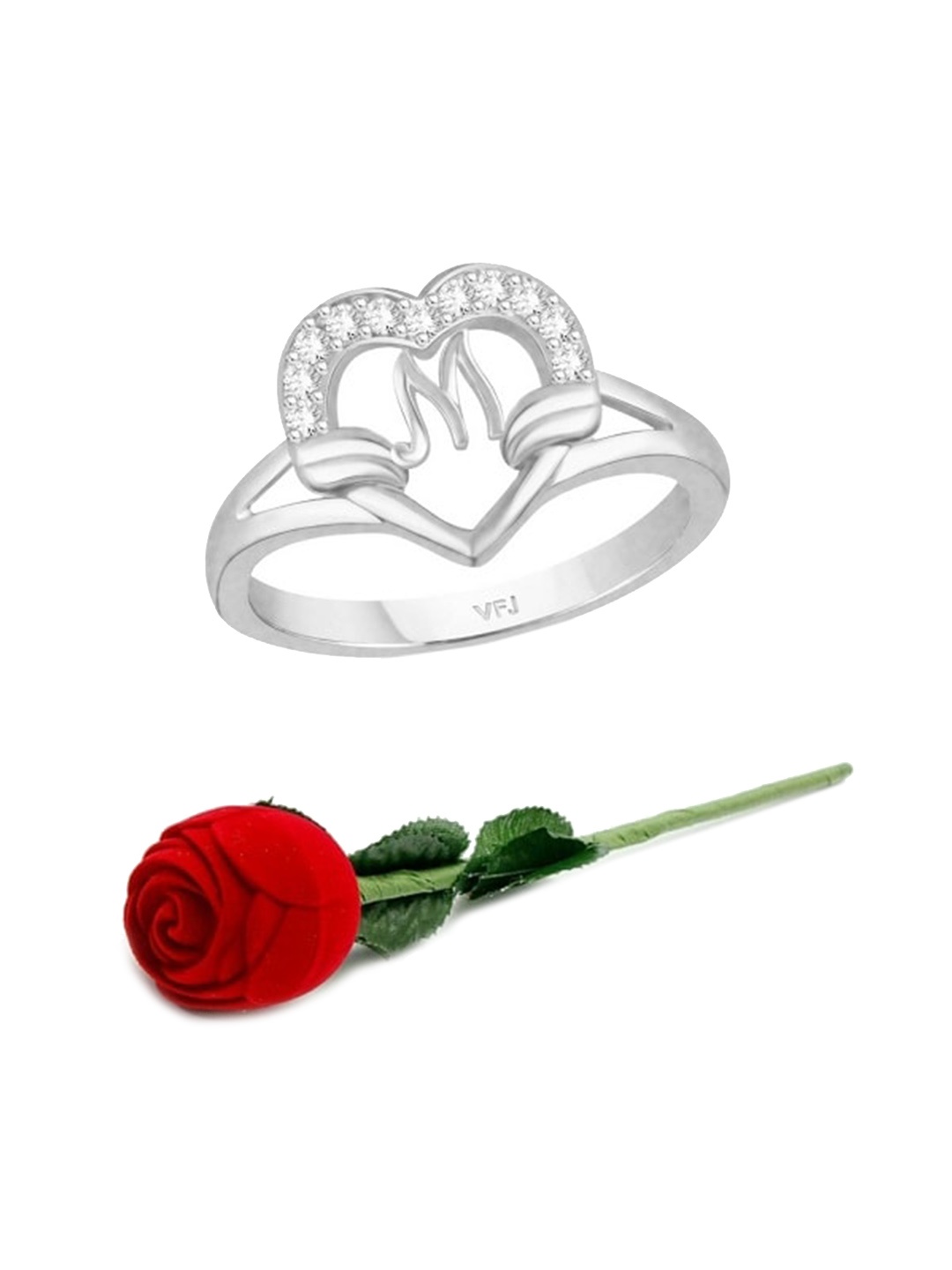 

Vighnaharta Rhodium-Plated Cubic Zirconia-Studded Finger Ring With Rose Box, Silver