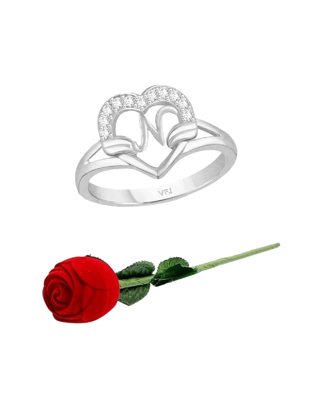 

Vighnaharta Rhodium-Plated Cubic Zirconia-Studded Finger Ring With Rose Box, Silver