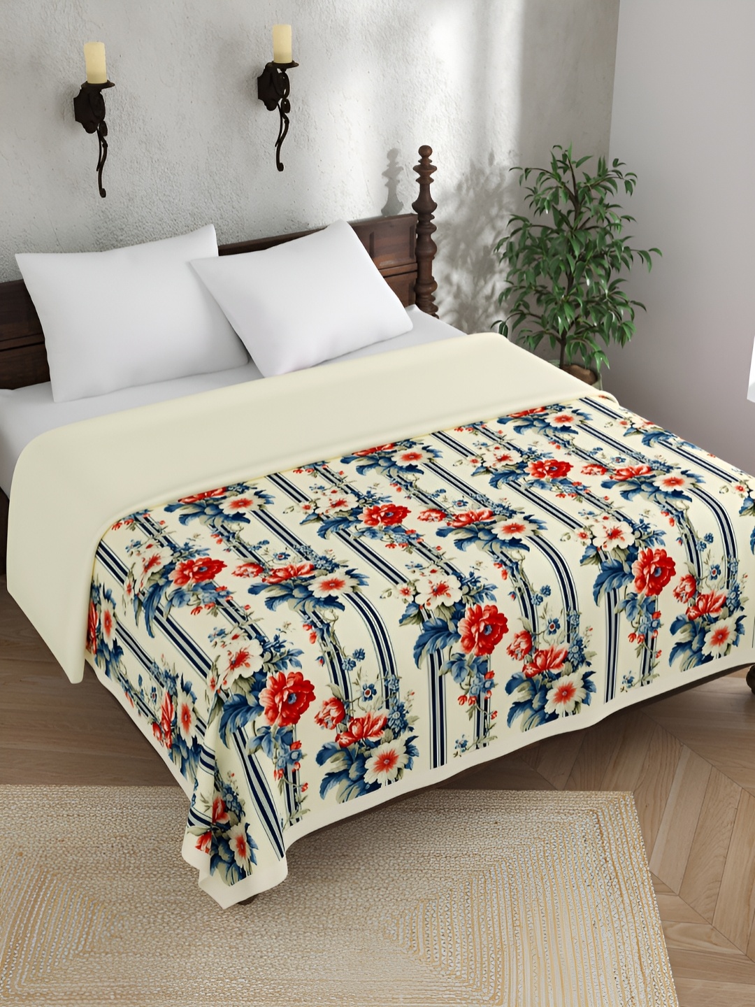 

EverHOME Beige & Blue Floral AC Room 120 GSM Double Bed Dohar