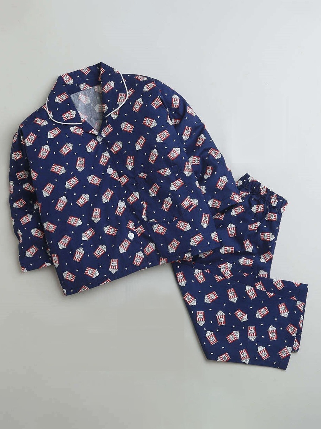 

The Magic Wand Kids Conversational Printed Lapel Collar Pure Cotton Shirt & Trouser, Navy blue