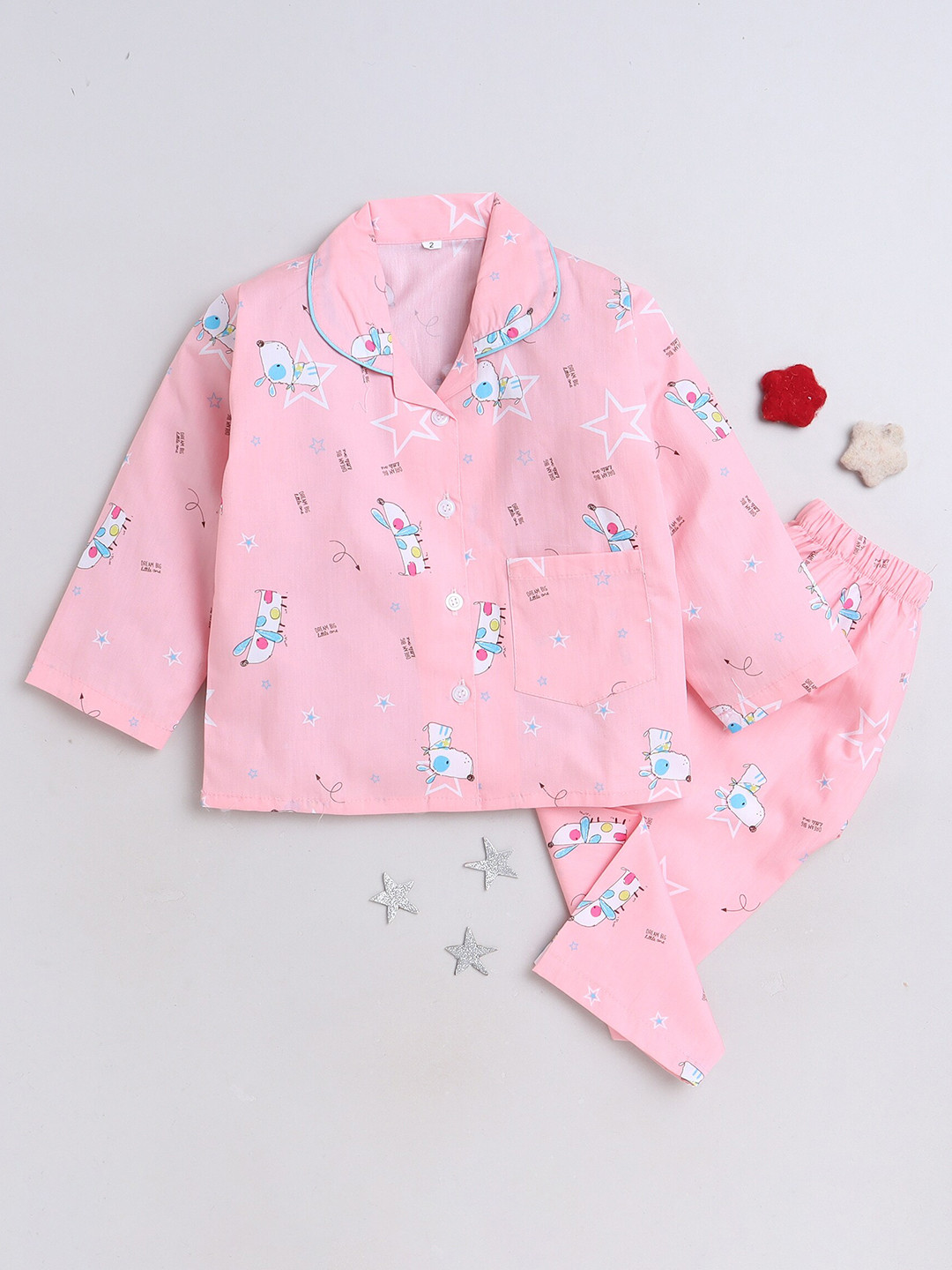 

The Magic Wand Kids Conversational Printed Lapel Collar Pure Cotton Shirt & Trouser, Pink