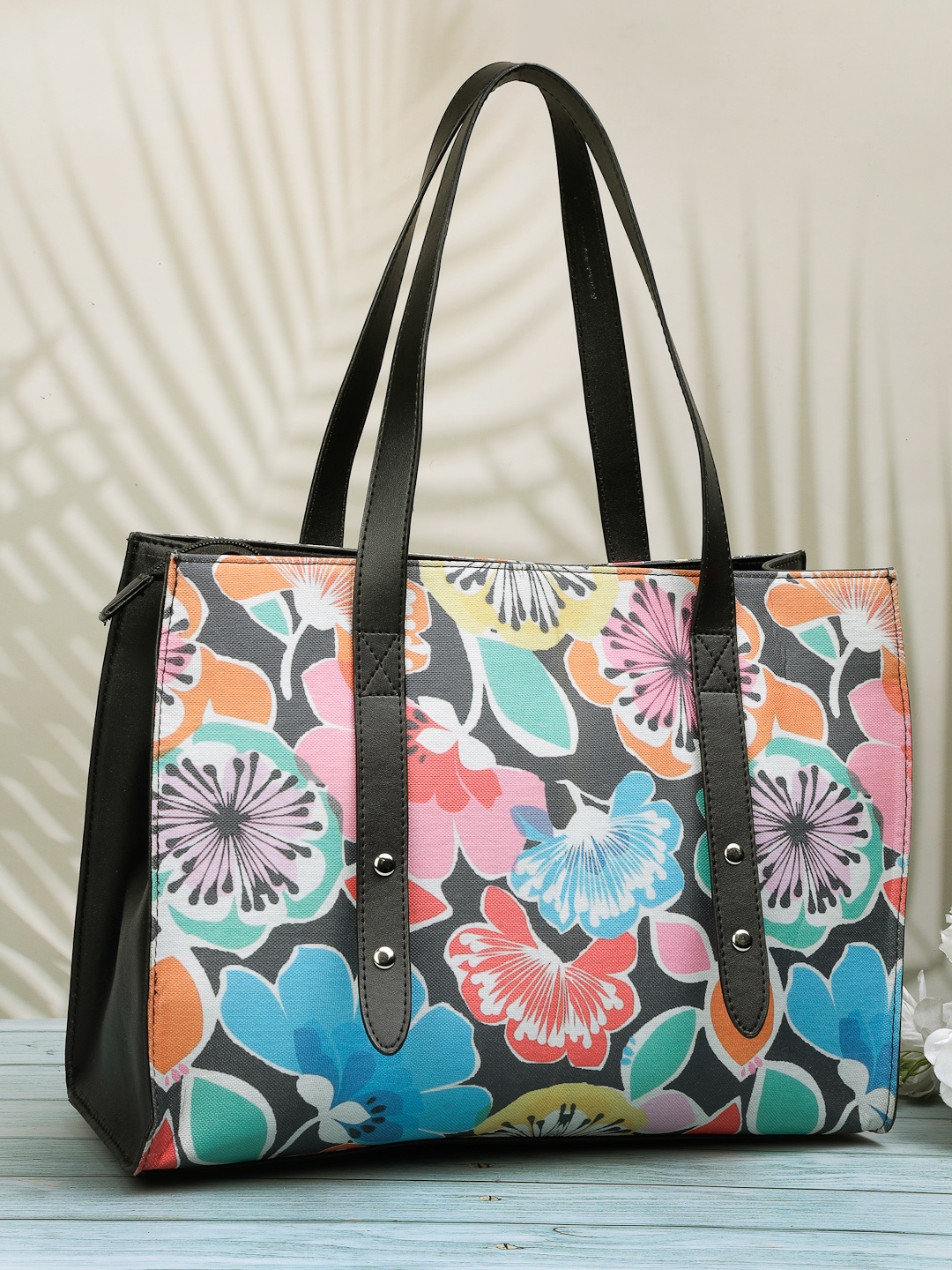 

Sangria Floral Printed Zip Detail Handbags Up to 12 inch, Black